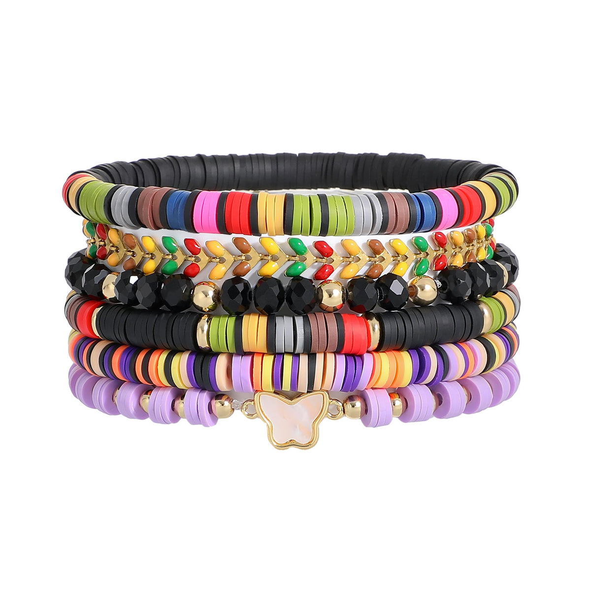 RISHEGAE Heishi Beaded Stretch Bracelets for Women Stackable Gold Polymer Clay Beads Bracelets Friendship Boho Summer Beach Bracelet Jewelry Set (A-Black Butterfly)