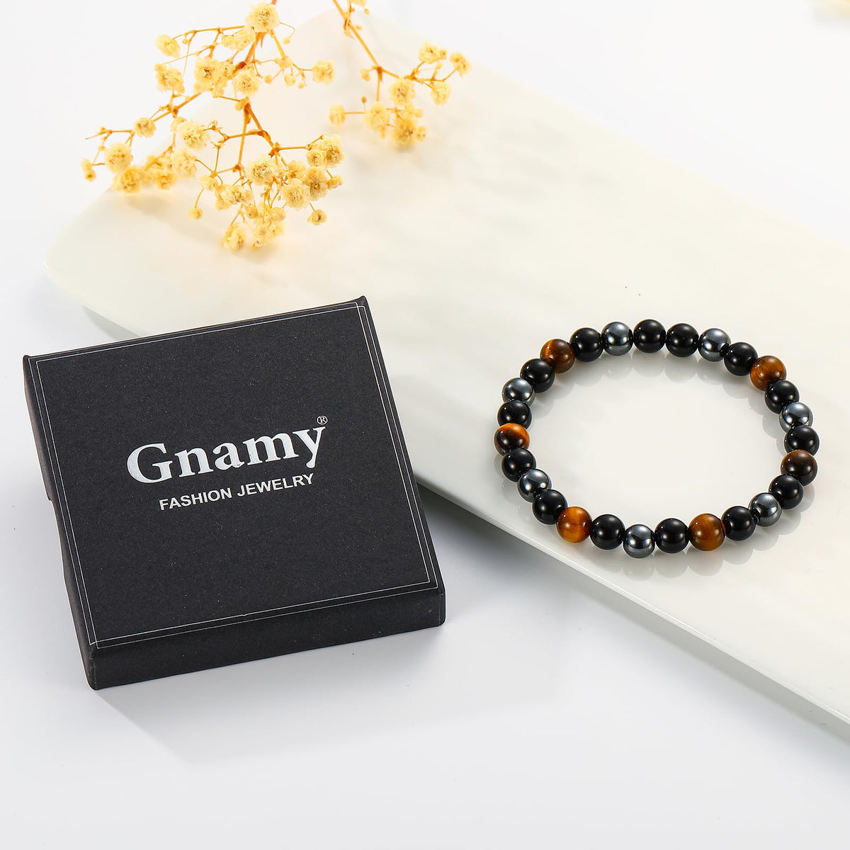 Gnamy Triple Protection Beaded Bracelet Gifts for Men, Tiger Eye Black Obsidian Hematite Bracelets Birthday Valentines Day Anniversary Healing Sobriety Jewelry Gifts for Him Husband Dad Boyfriend Brother