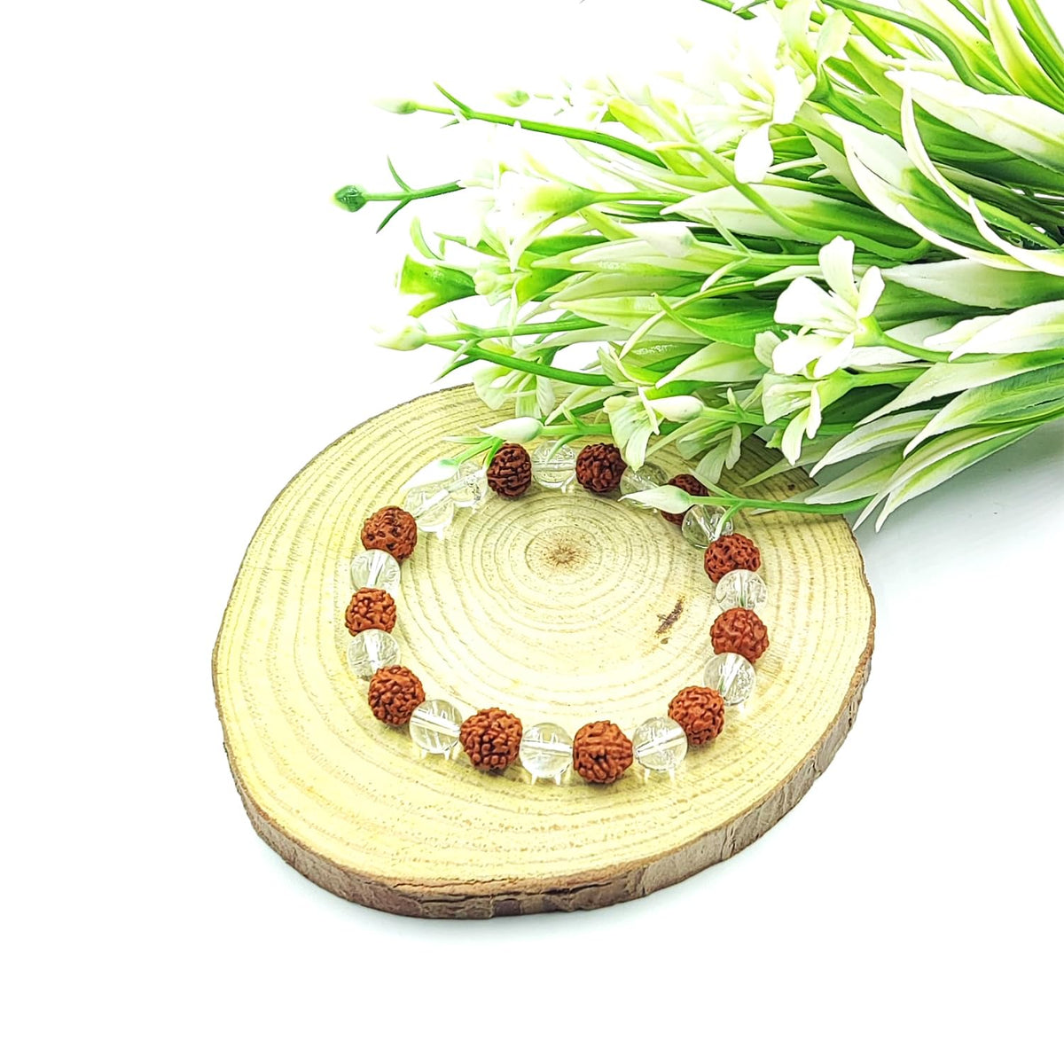 PRECIOUS PEBBLE Rudraksha & Clear Quartz Bracelet for Men & Women, Adjustable 8mm Natural Beads Bracelets Focus, Calm & Meditation – Handmade Jewelry for Gifting, Yoga & Mindful Living