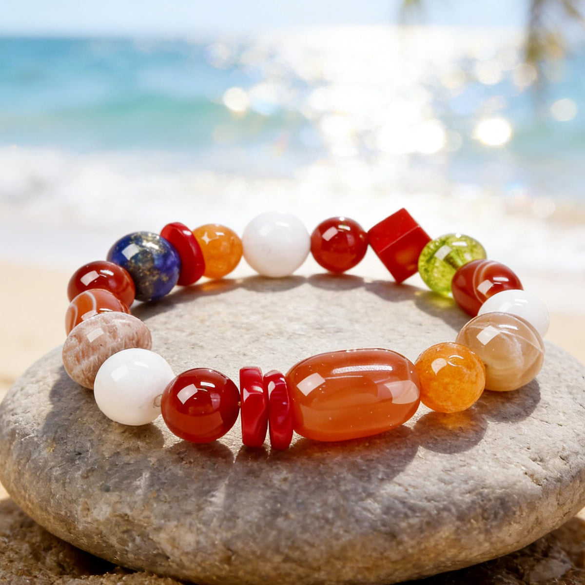 Boho Colorful Beaded Bracelets for Women, Handmade Stretchy Gemstone Bead Bracelet, Summer Women Beach Stackable Bead Bracelets Natural Healing Crystals Relax Stone Bracelets Unique Gifts for Mother (Red)