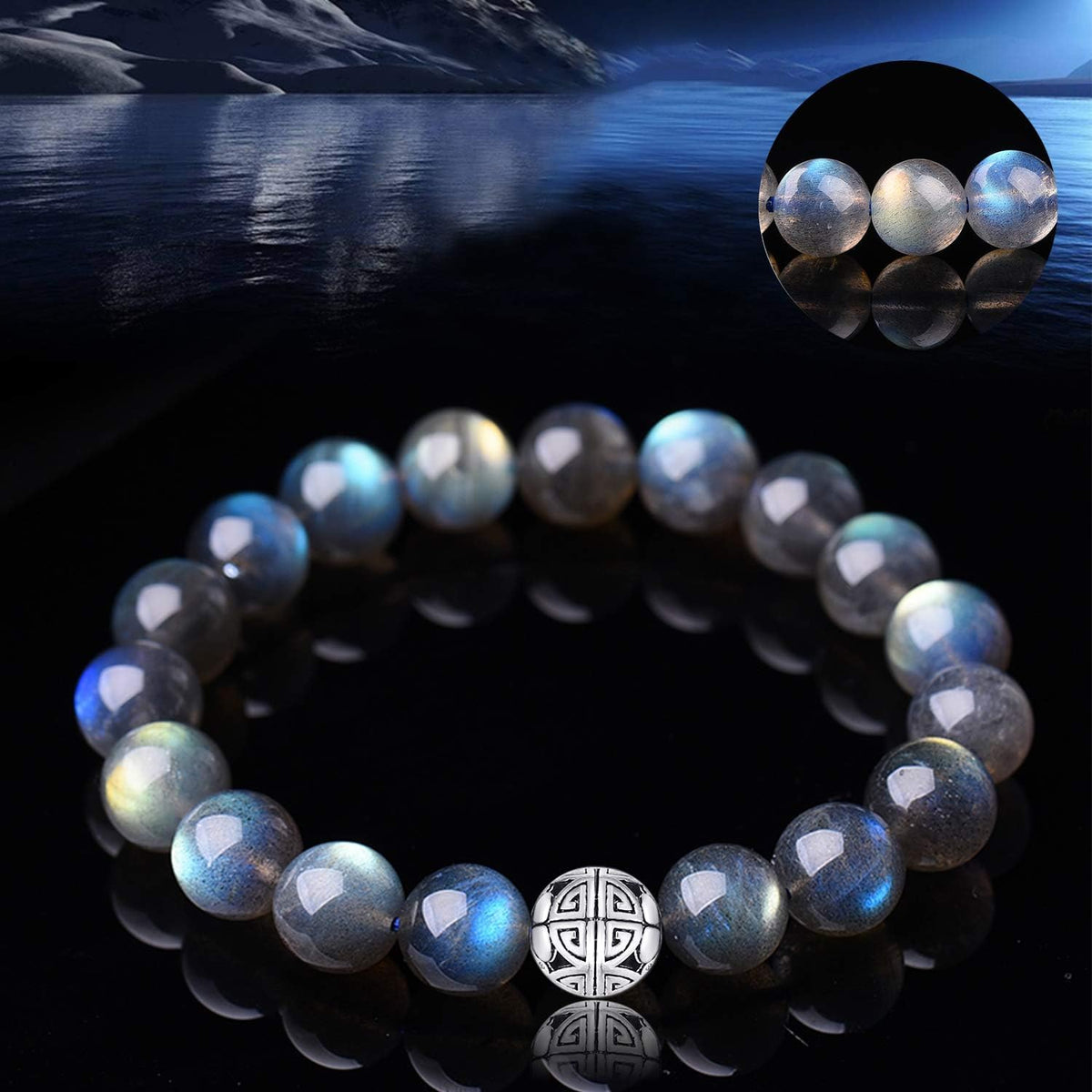 MetJakt Healing Crystals Beaded Bracelets for Womens Natural Gemstone 8mm Beads Stretch Bracelets with 925 Sterling Silver Double Happiness Pendant (Labradorite AAA)