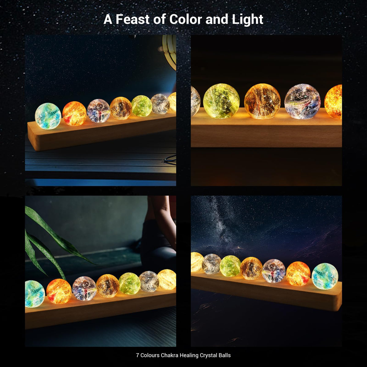 LOSCHEN 7 Chakra Natural Healing Spheres with LED Wooden Stand 40mm Crystal Quartz Stones for Meditation Energy Balancing Decor, Yoga Zen Home Office Desk Ornament
