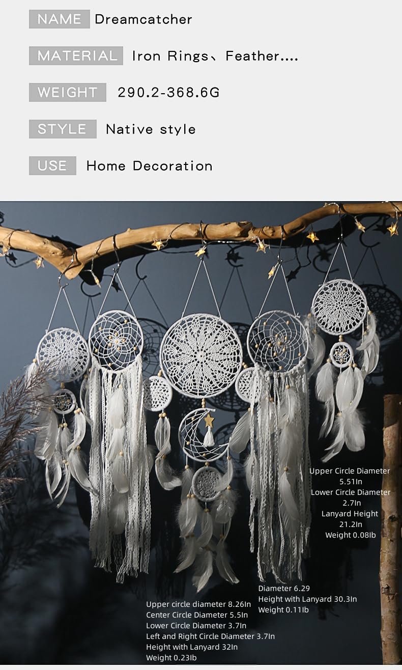 5 Pack Moon Phase Dreamcatcher Set Boho Wall Decor for Witchy Gifts,Macrame Decor with Feathers Hanging for Home, Bedroom, Living Room (Camel)