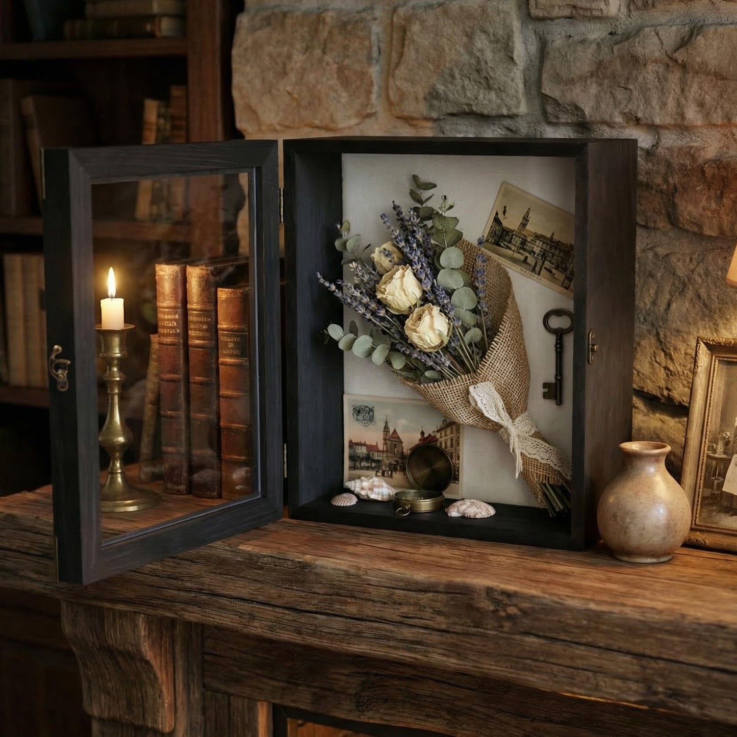 KAASTHAA Shadow Box Frame 11x13, Depth 5in Shadow Boxes Display Cases, Acrylic Door, Rustic Burnt Wood, Vintage Metal Accents, Hinged Door, Metal Handle and Latch, Linen Back