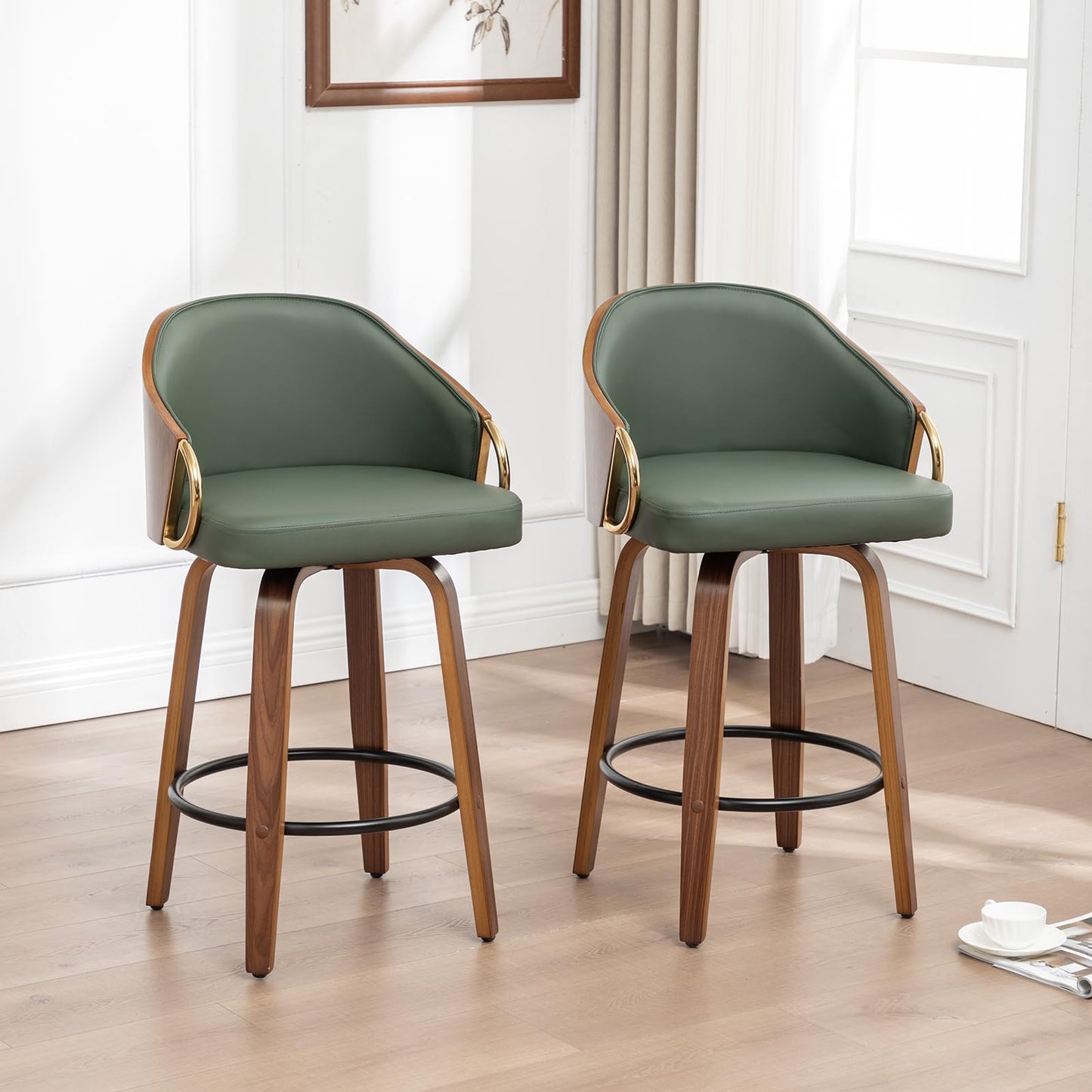 YOUUGIOR 24.8" Swivel Counter Height Bar Stools Set of 3,Green Leather Barstools Mid Century Modern Bar Chairs with Wood Legs and Golden Arms for Kitchen Dining Pub Cafe