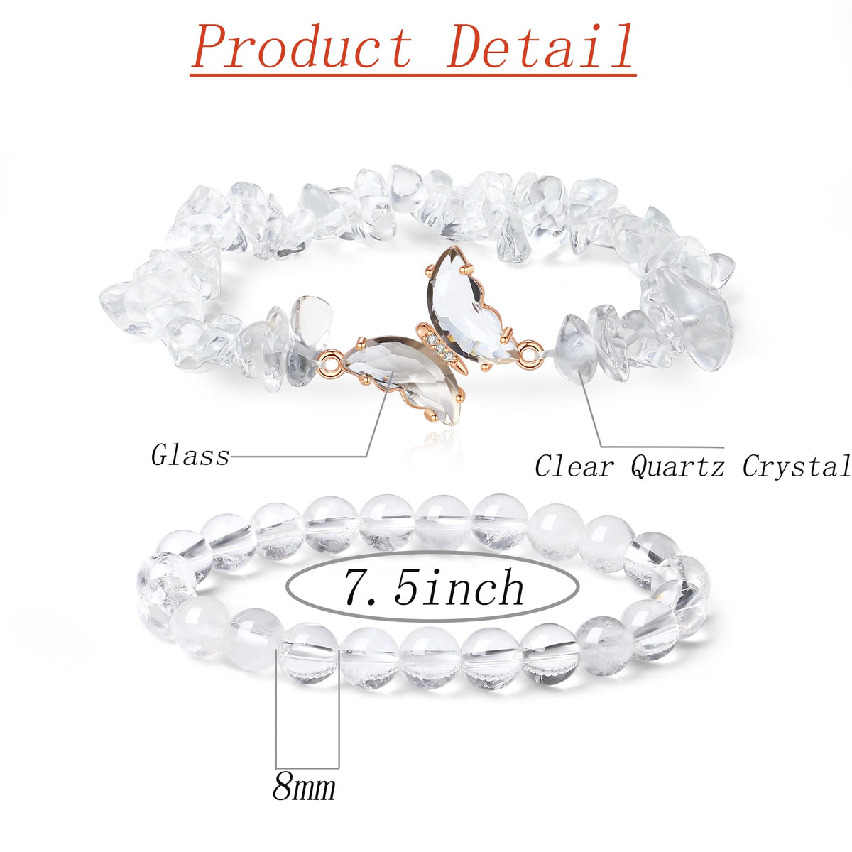 DUQGUHO 2Pcs Clear Quartz Bracelets for Women Butterfly Bracelets for Women White Crystal Bracelets Gemstone Bead Jewelry Cute Butterfly Charm Bracelet 8mm Crystal Beaded Jewelry Gifts for Women