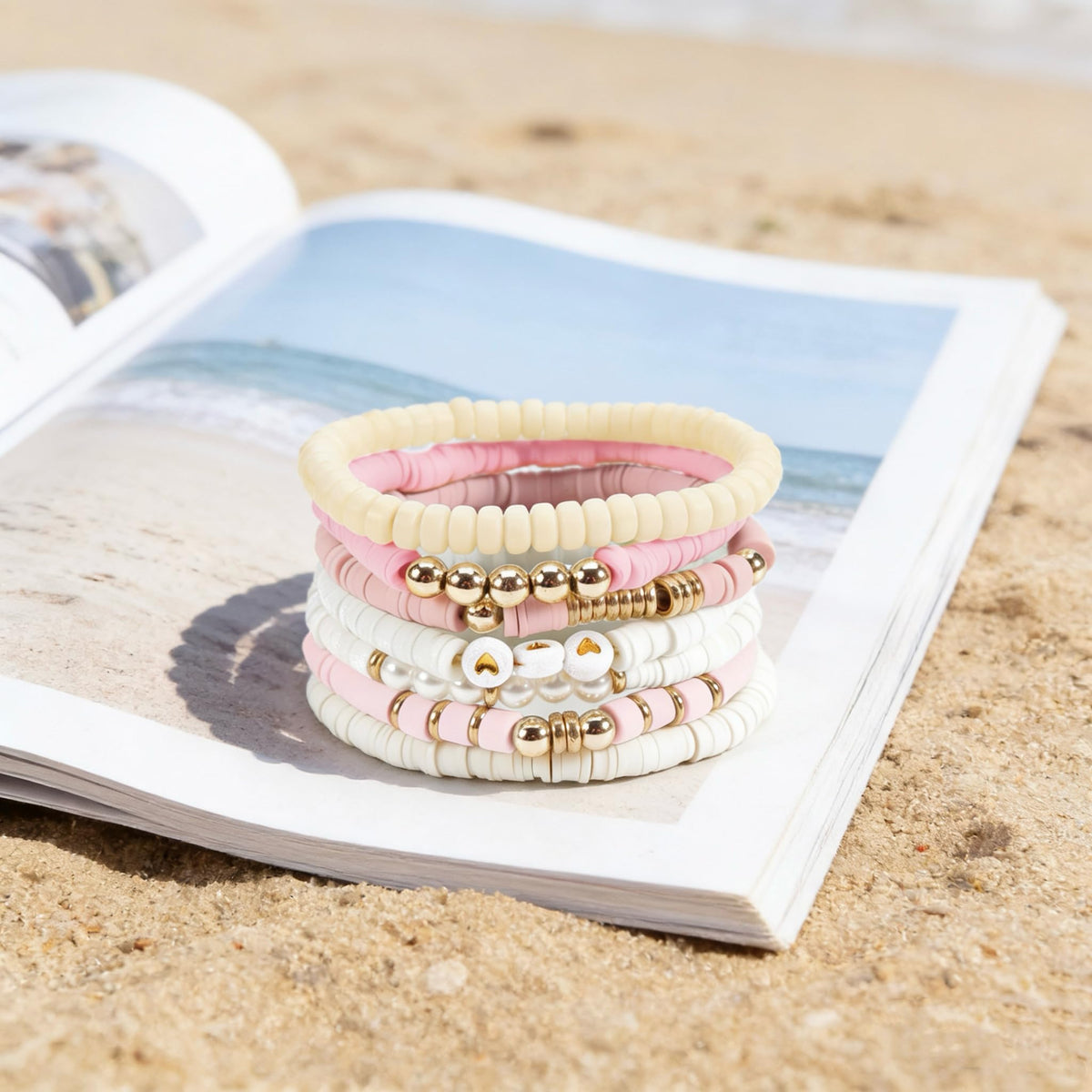 YEOSMINE Boho Heishi Clay Beaded Stretch Bracelets Stack For Women, Preppy Teens Friendship Gold Bracelets Cute Beach Surfer Accessories Bulk Set Trendy Fashion Jewelry
