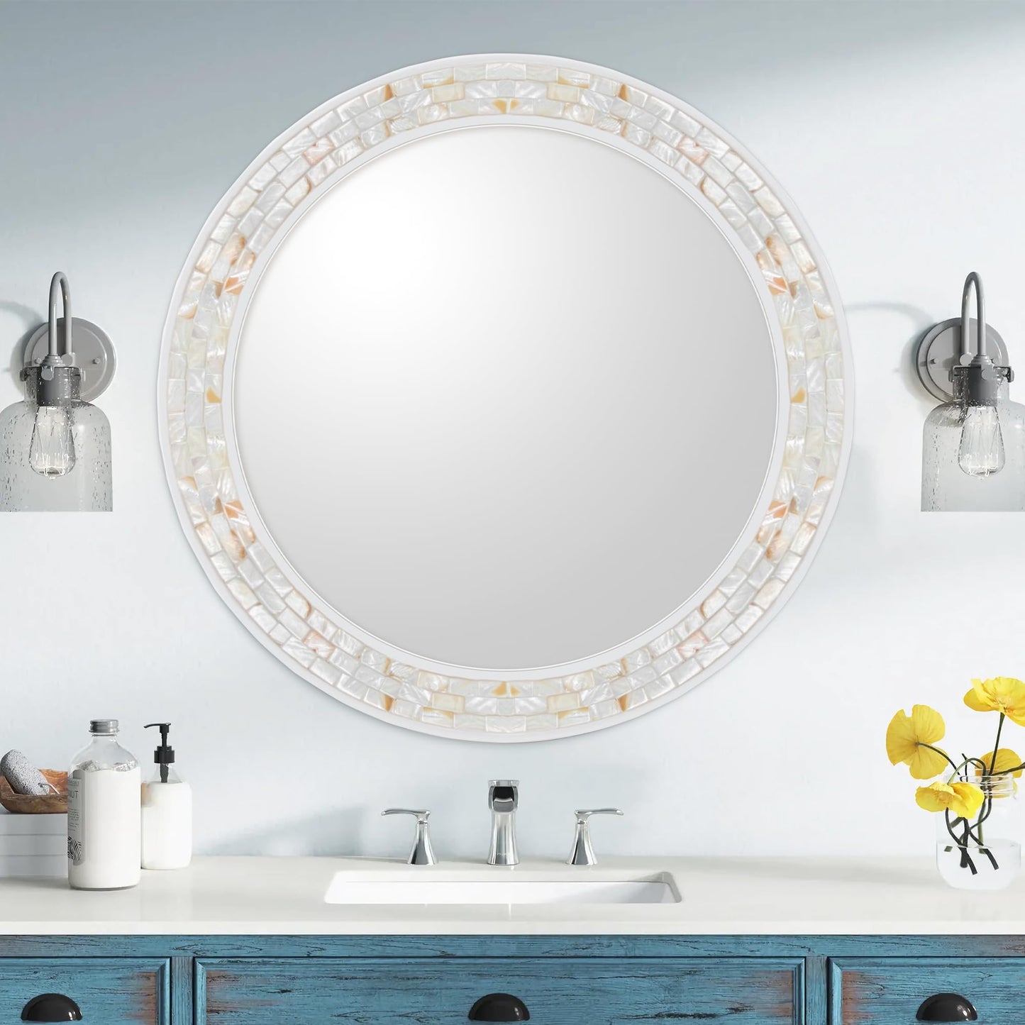 DUQIMO Mosaic Mirrors for Wall 30 Inch, Natural Mother of Pearl Inlay White Framed Round Mirror for Bathroom, Bedroom or Entryway