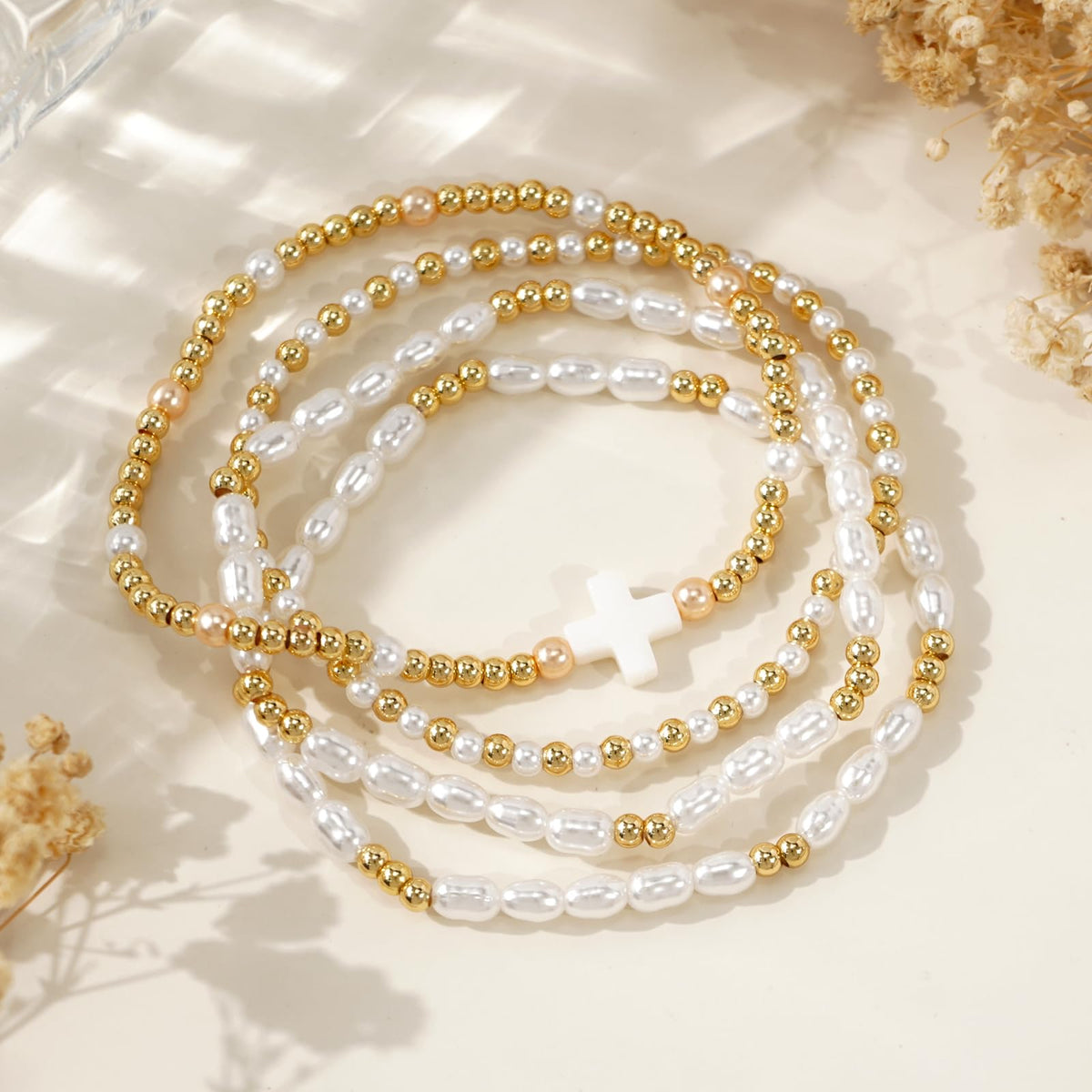 Bohxantium Pearl Gold Beaded Bracelets Set for Women White Cross Bracelet Stack Stretch 14K Gold Plated Beads Ball Stackable Non Tarnish Trendy Dainty Jewelry Friendship Christian Gifts for Women