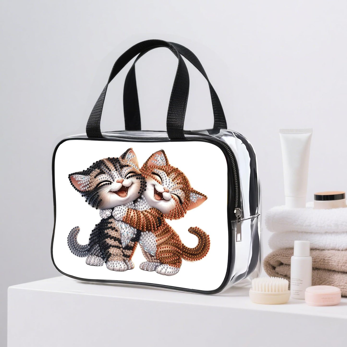DIY diamond painting makeup bag kit, cheerful cat pattern sequined makeup storage bag with zipper, portable travel toiletries bag, as a handmade creative gift