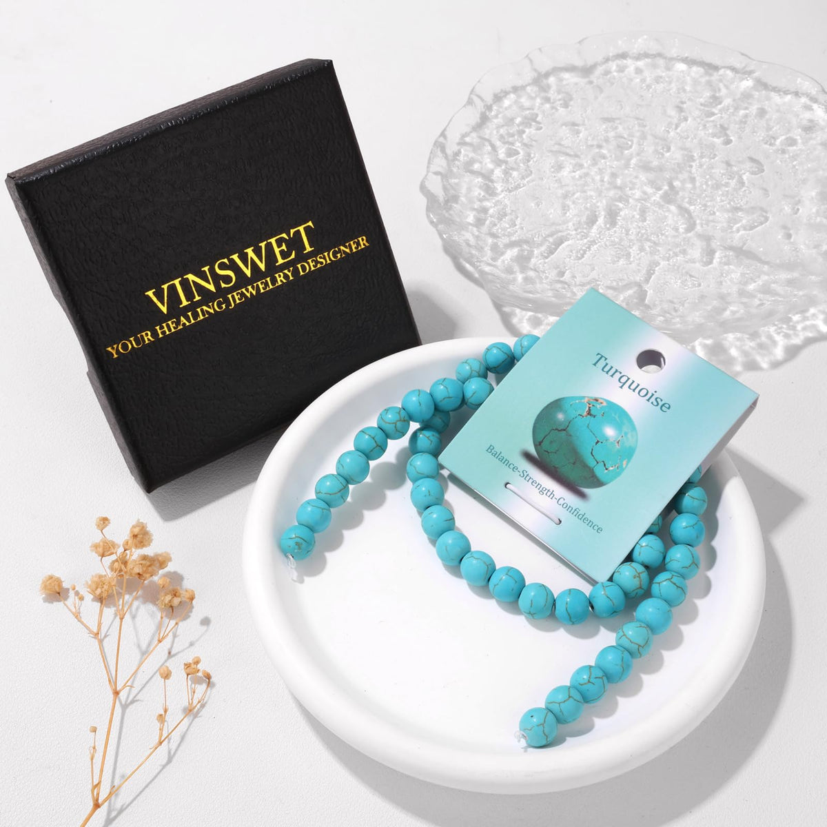 Vinswet 45pcs 8mm Turquoise Natural Stone Beads Round Genuine Real Stone Beading Loose Gemstones DIY Smooth Bead for Bracelet Necklace Earrings Jewelry Making