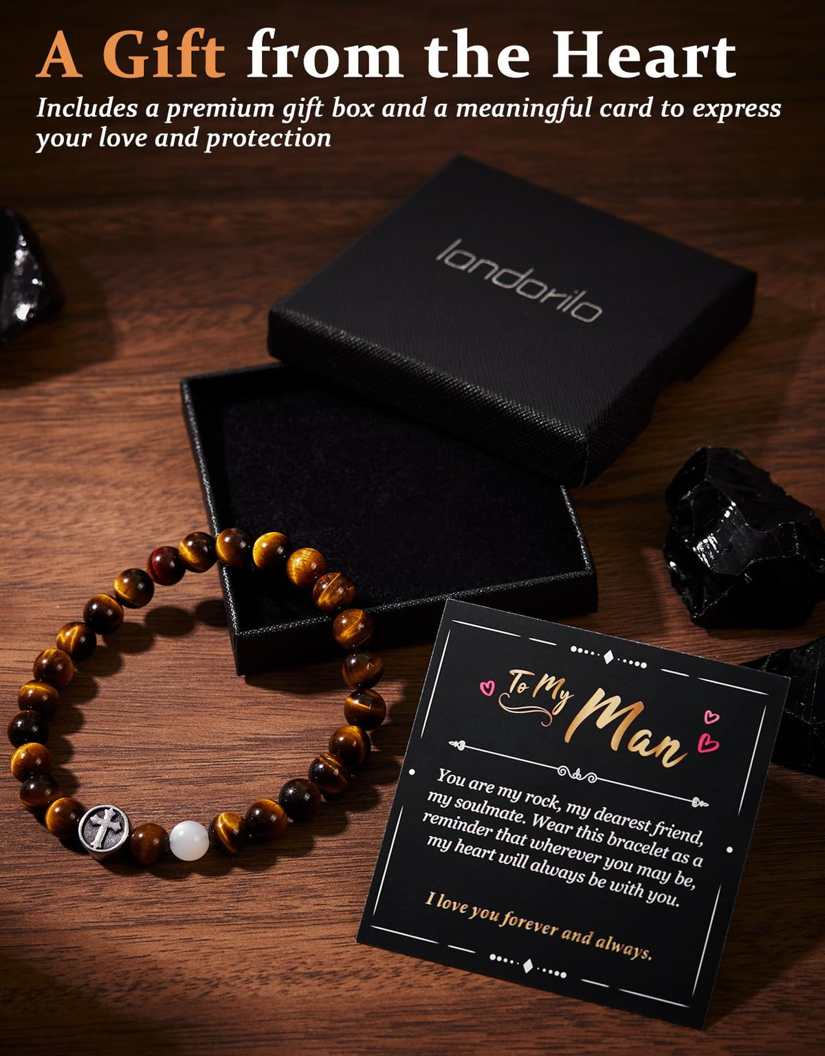 Landorilo Gifts for Men, 8mm Cross Natural Stone Beaded Bracelets, Yellow Tiger Eye Healing Bracelet, Handmade Mens Jewelry Gift for Him, Husband, Son, Father, Friend(Happy Birthday-7.5in)