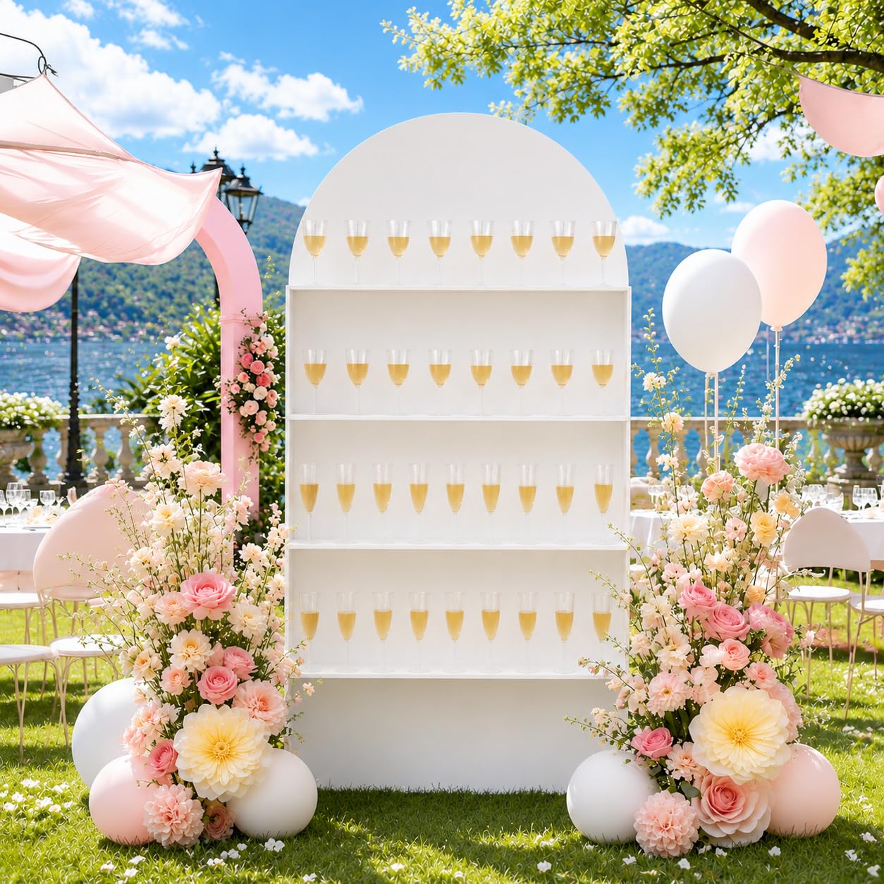 Sicrifety 5.9 ft 4-Tier Champagne Wall Holder, Wedding Arch Backdrop Stand with Shelves,Party Display Arch for Ceremony Baby Shower Birthday Bridal Party Event Decoration