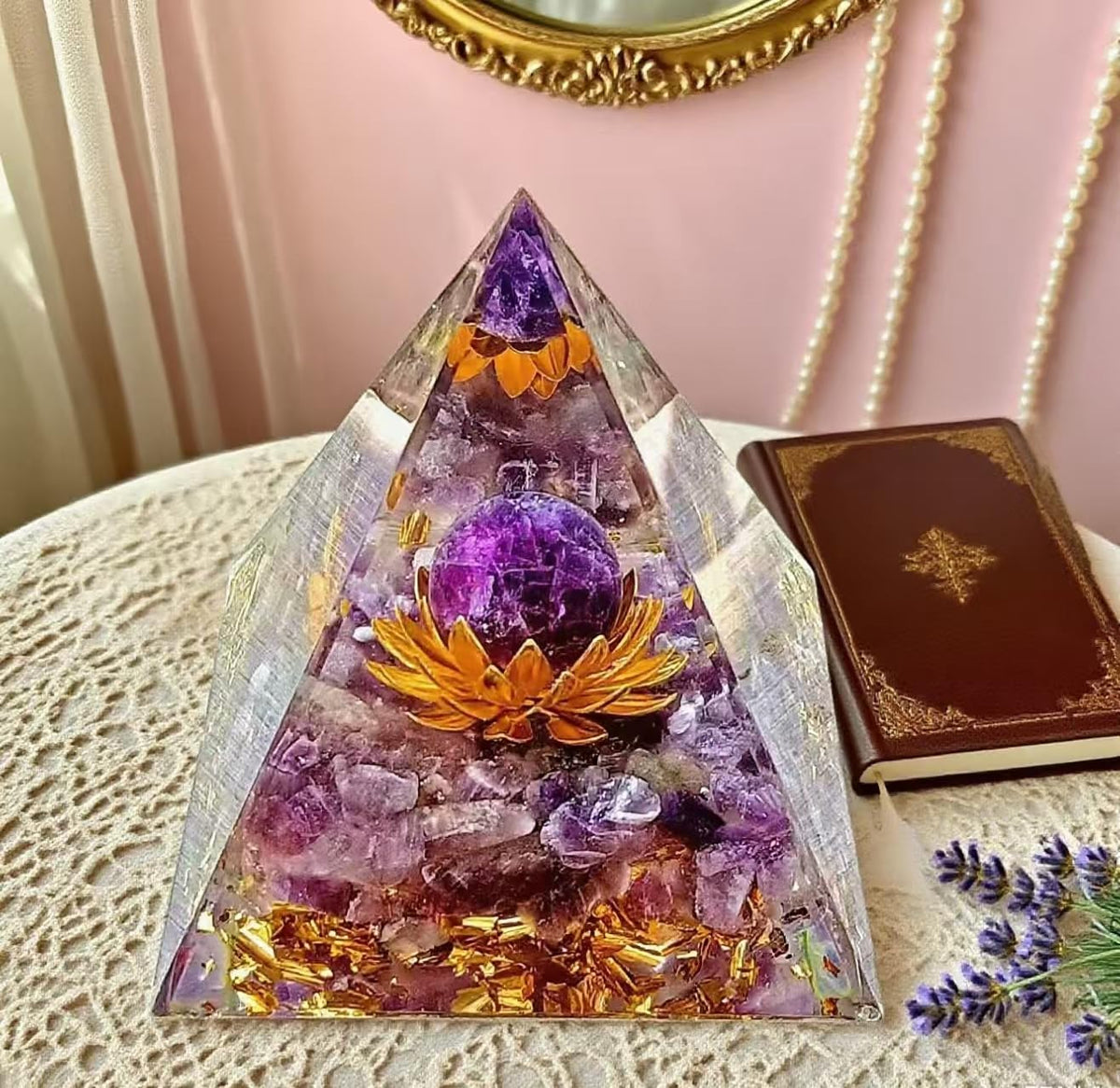 ycyingcheng Moonstone Crystal Orgone Pyramid Ogan Crystal Energy Tower, Nature Reiki Chakra Crushed Stone Jewelry, Crystal Pyramid for Home Decor (Lotus Base Amethyst)