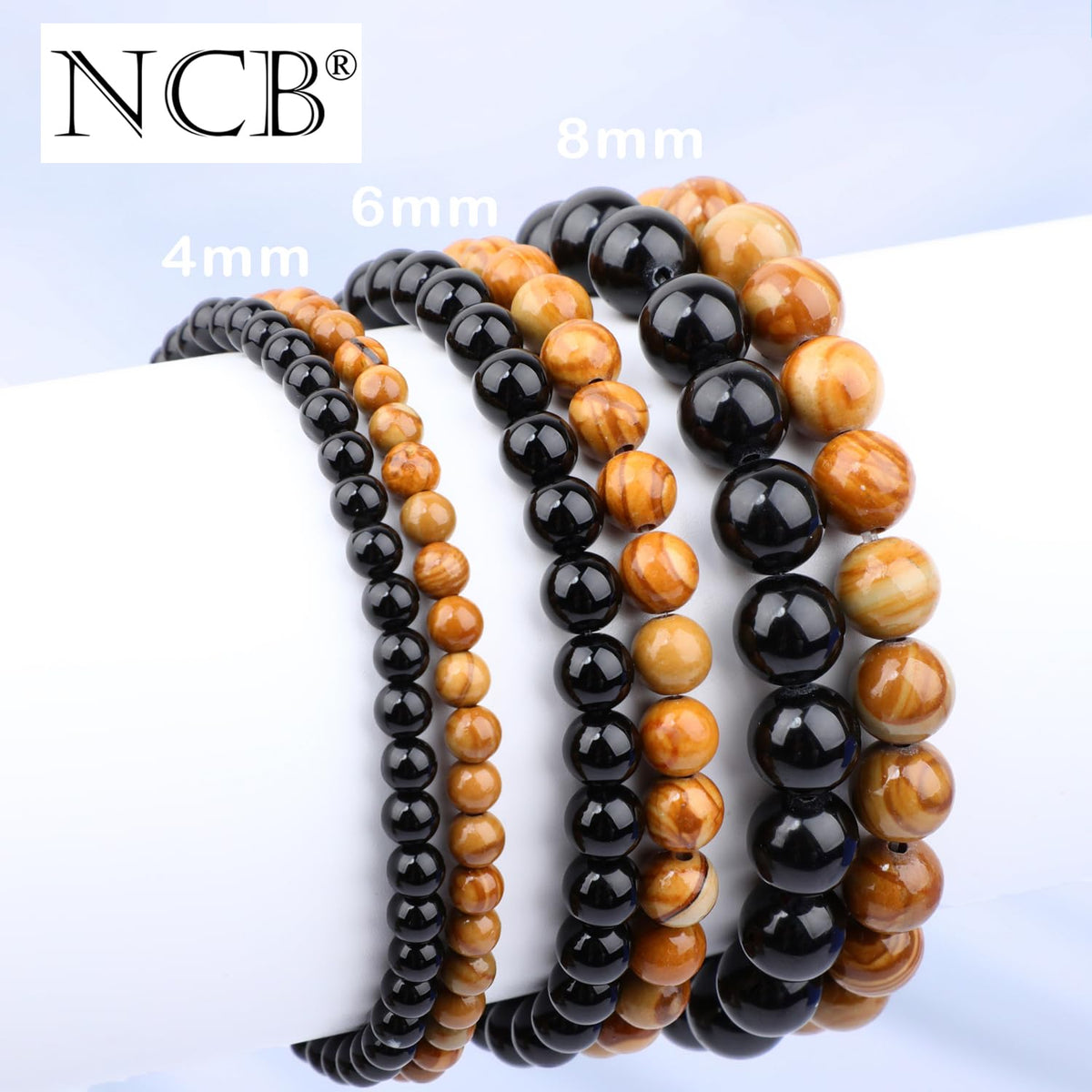 NCB 2-Piece 6mm Natural Crystal Gemstone Stretch Bracelets – ﻿Black Onyx, Woodgrain Jasper Handmade Reiki Energy Healing Jewelry for Meditation,Yoga, Unisex