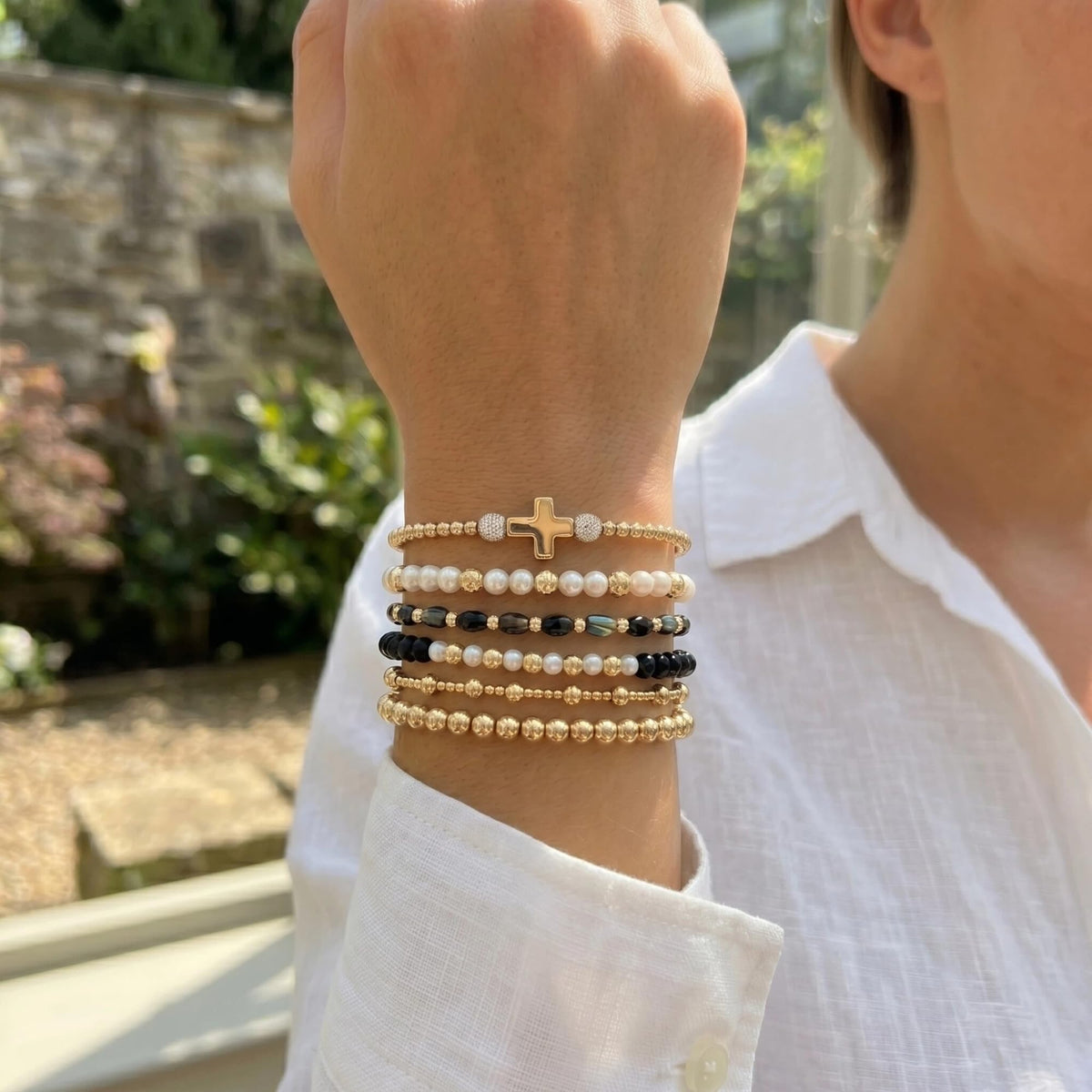 NoctisNest 6 Pcs Layered Cross Bracelet for Women, Black Gold Stackable Pearl Beaded Bracelets for Her Mom Girlfriend, Dainty 14K Gold Plated Bracelet Set for Mothers Day Gifts