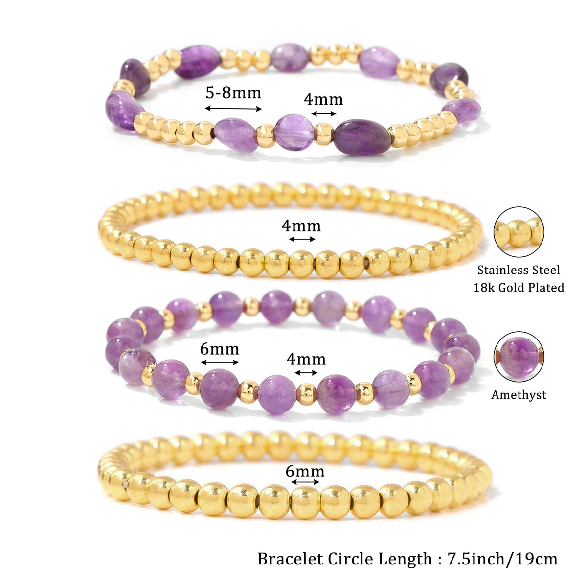 MORIANCE Amethyst Bracelet for Women Amethyst Crystal Bracelet Amethyst Jewelry Gold Bracelets for Women Stack Gold Bead Bracelets Purple Beaded Crystal Gemstone Bracelet for Women