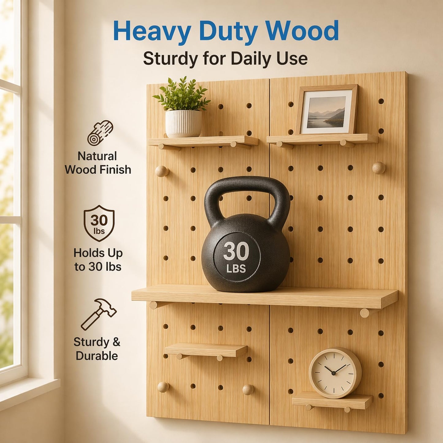 Lumiterra Large Wood Pegboard Wall Organizer - Heavy Duty 2-Panel Wooden Peg Board Kit with Shelves & Accessories, Modular Wall Storage Display for Craft Room, Office, Bedroom