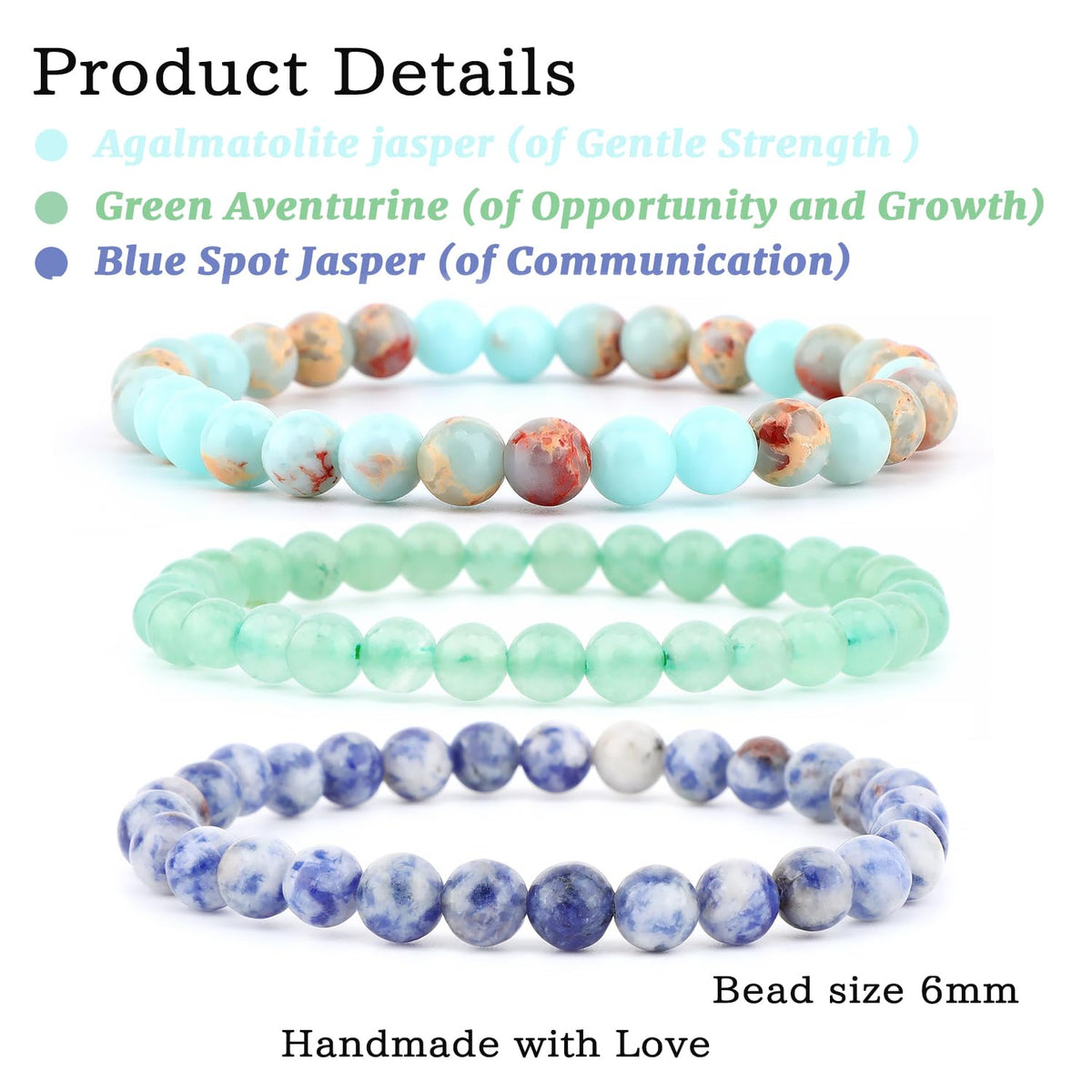 NCB 3-Piece 6mm Natural Crystal Gemstone Stretch Bracelets – ﻿Agalmatolite Jasper, Blue Spot, Green Aventurine Handmade Reiki Energy Healing Jewelry for Meditation,Yoga, Unisex