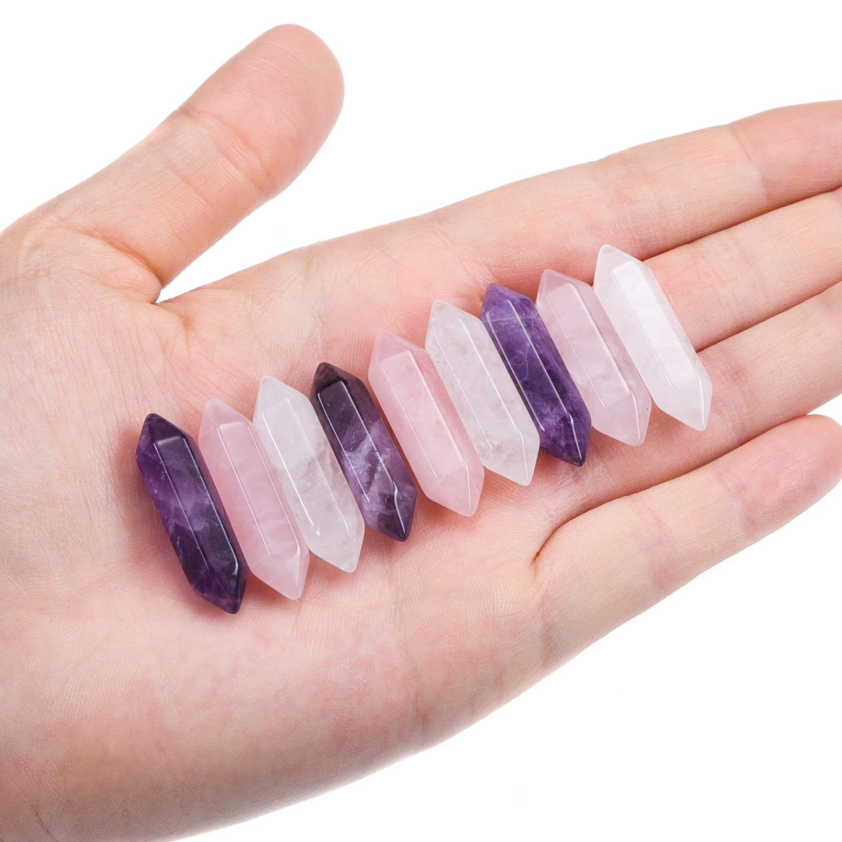 CrystalTears Healing Crystal Stones Set Hexagonal Natural Amethyst Rose Quartz Clear Quartz Reiki Healing Quartz Crystals Points Bulk Gemstone for Chakra Meditation Crystal Therapy 1.18"-1.3"