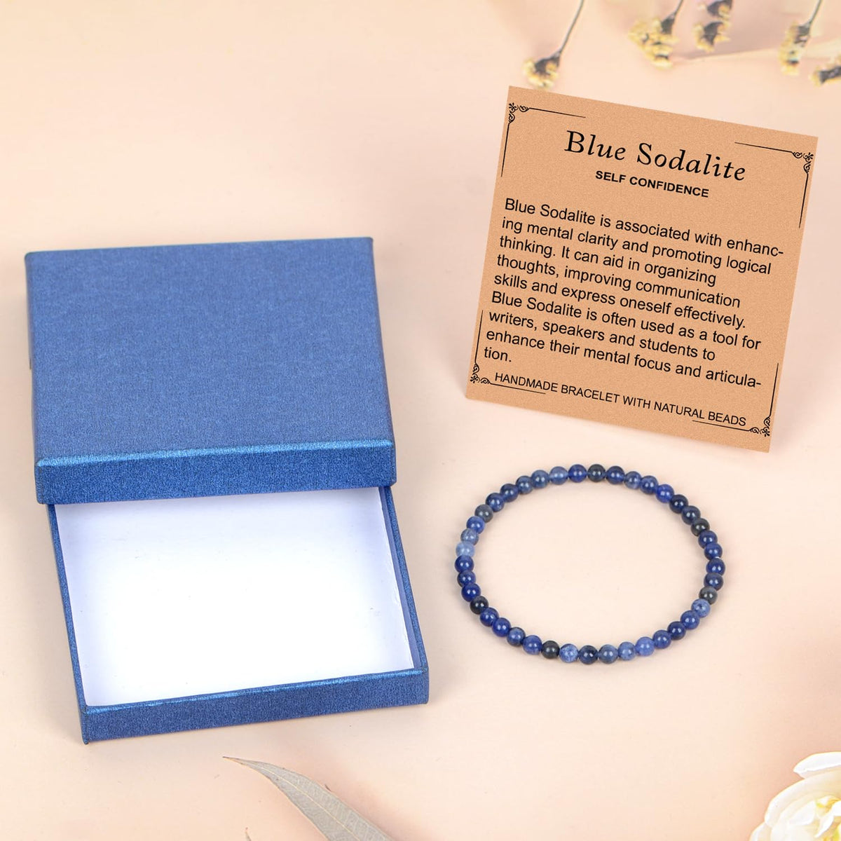 LPBeads Handmade Natural Gemstone Stretch Elastic 4mm Blue Sodalite Bracelet Healing Crystal Round Stone Beads Jewelry Gifts for Women Men