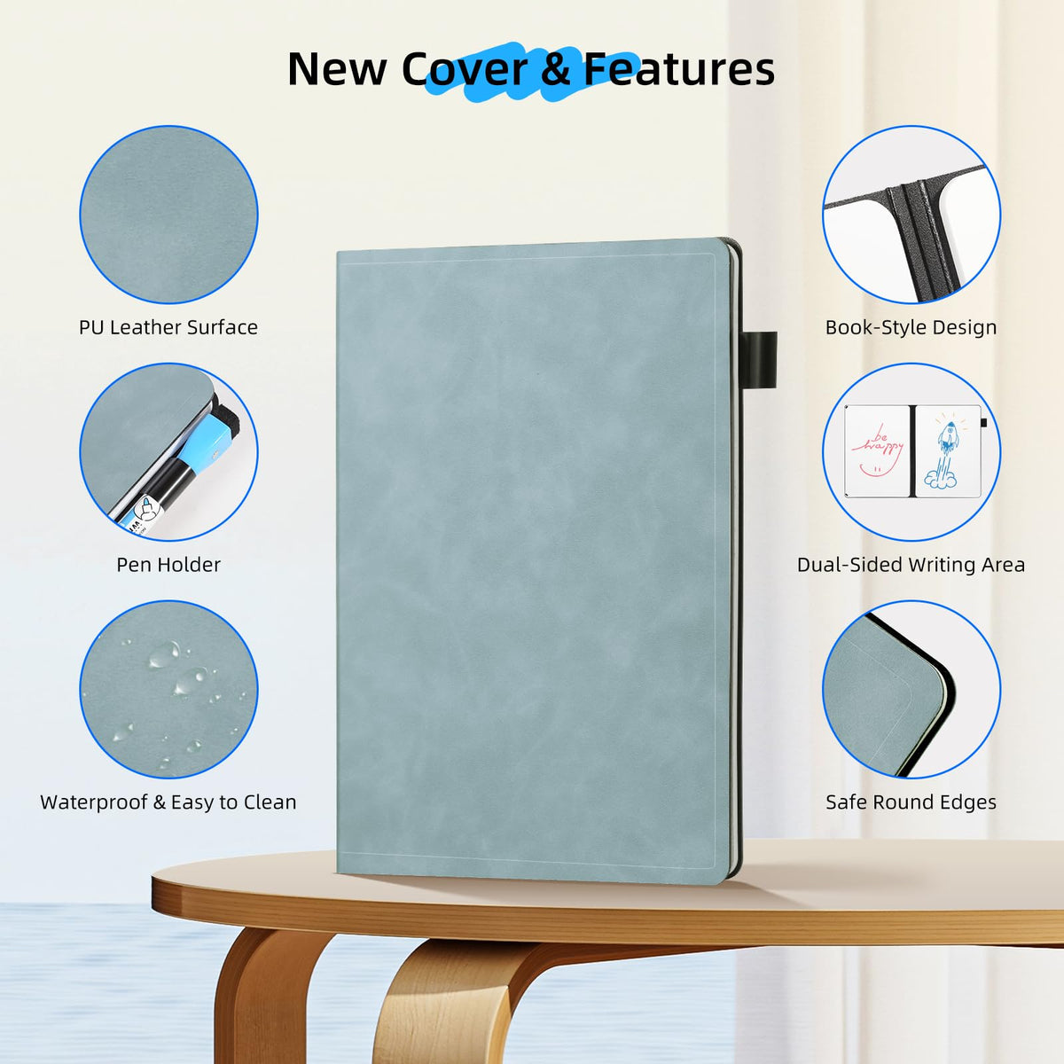 AGM Portable White Board Dry Erase Notebook, 8.4" x 6" Double Sided Folding Whiteboards with 3 Pens, Small Travel Dry Erase Board Skin-Friendly Material for Study, Meeting, Planning, Ocean Blue