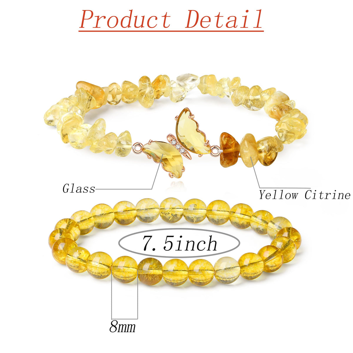 DUQGUHO Citrine Crystal Bracelets for Women Healing Yellow Bracelets 8mm Citrine Beaded Bracelets for Women Butterfly Charm Stretch Bracelets Yellow Jewelry Butterfly Gifts for Women 2PCS