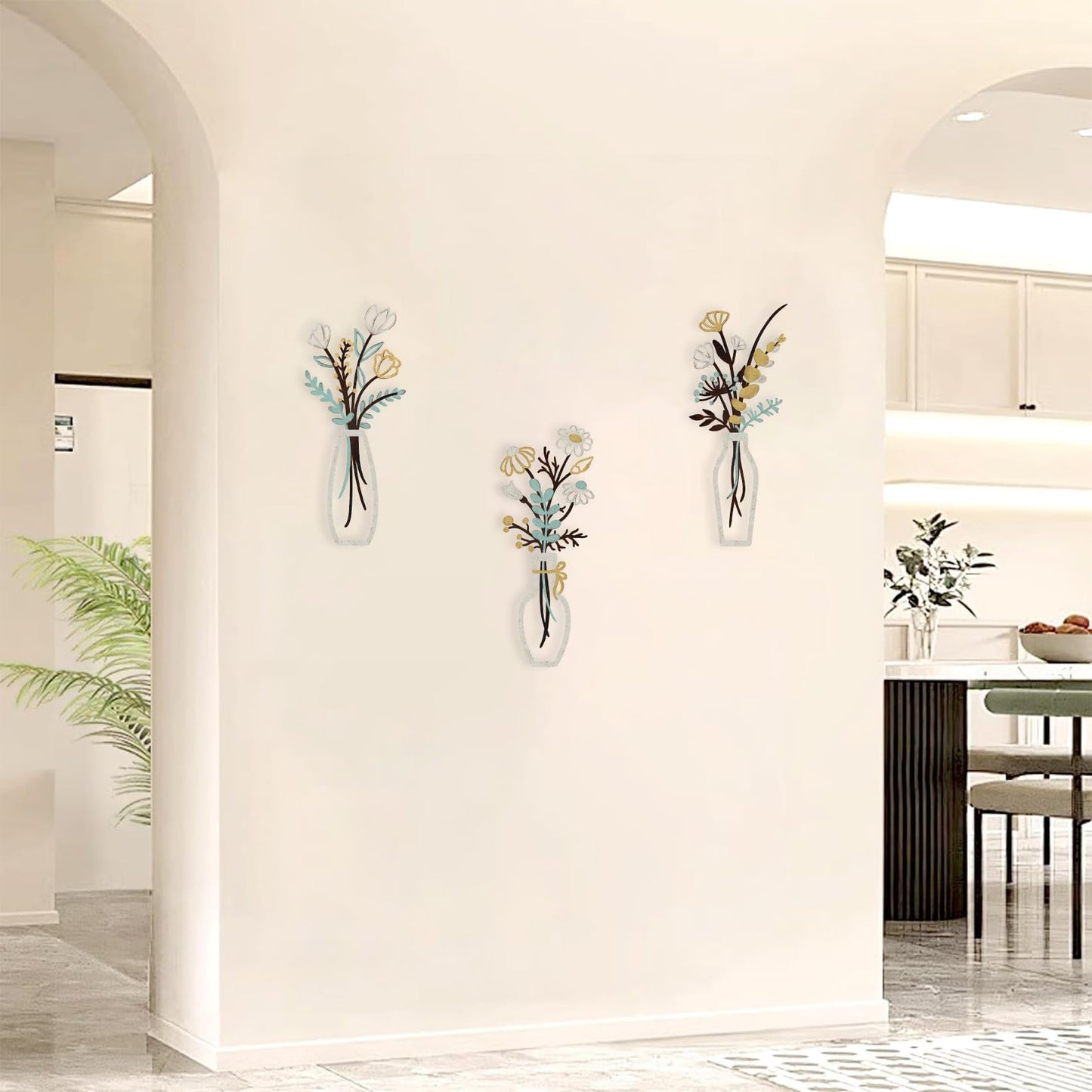 Aikgidtt 3 Pieces Metal Flowers Wall Art Set | Rustic Indoor & Outdoor Wall Decor with Mounting Kit Waterproof Finish for Bathroom Bedroom Living Room | House-Warming Gifts (Beige Gold)