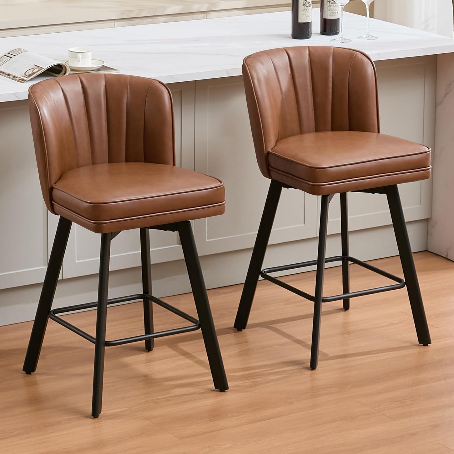 SAECKBERG Swivel Counter Height Bar Stools Set of 4, 26'' Modern Barstools with Backs and Metal Legs, Upholstered Bar Chairs, Faux Leather Dark Brown Stools for Kitchen Island Chairs