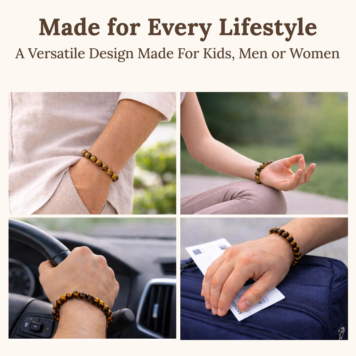 Elm City Direct 8mm Natural Stone Beaded Bracelet – Unisex Crystal Stretch Bracelets for Men & Women, Chakra & Healing Jewelry, Gift-Ready Beaded Bracelets (Tigers Eye, 8mm)