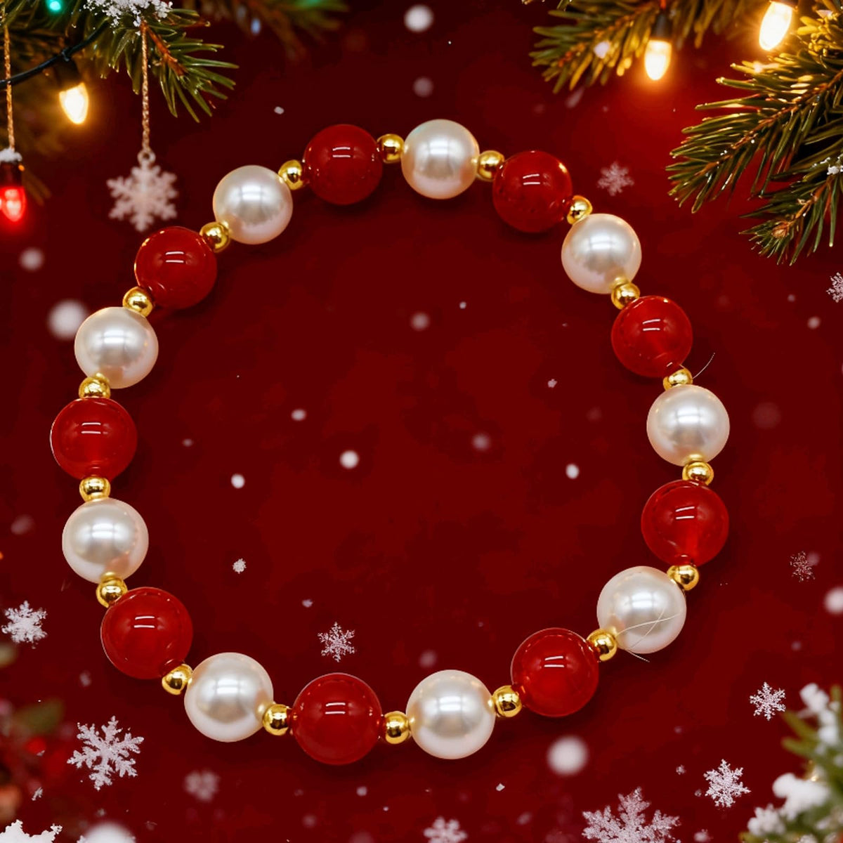 LANFUNI Christmas Bracelet, Shell Pearl Red Agate Elastic Rope Bracelet for Women Sparkly Red and White bracelet Chriatmas Jewelry