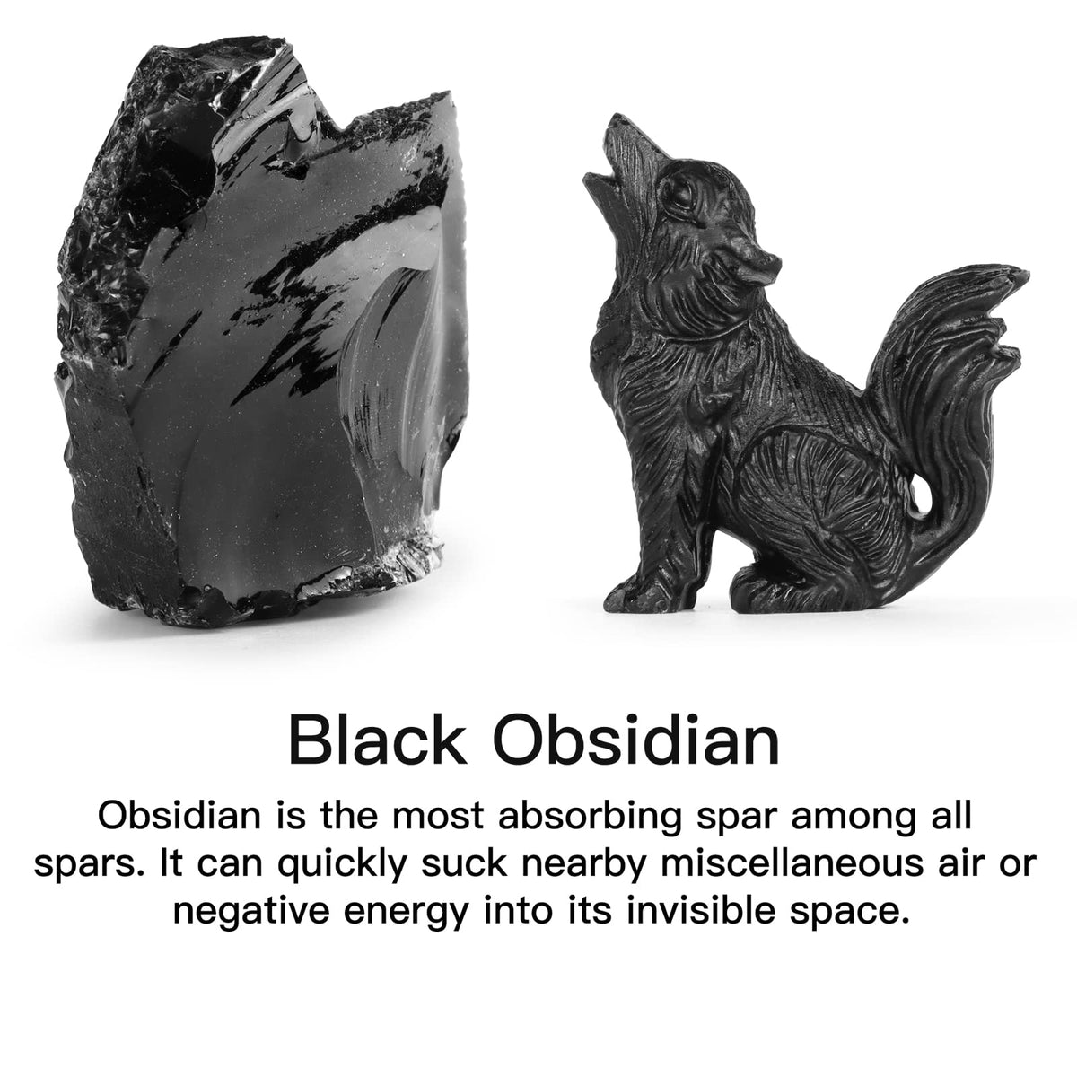 LEADGEM 2.0" Black Obsidian Big Tail Wolf Figurine Healing Crystal Stone Statue Carved Sculpture Paperweight Ornaments Fengshui Home Office Decor Gifts