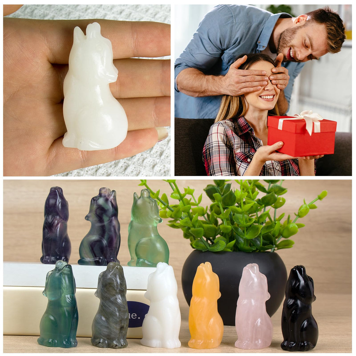 QLRSUXN White Jade Howling Wolf Crystal Figurines, 2.2 Inch Wolf Totem Spirit Animal Statue Decor for Home Office Desk Altar, Hand Carved Natural Healing Crystal Sculpture Gifts for Women Men
