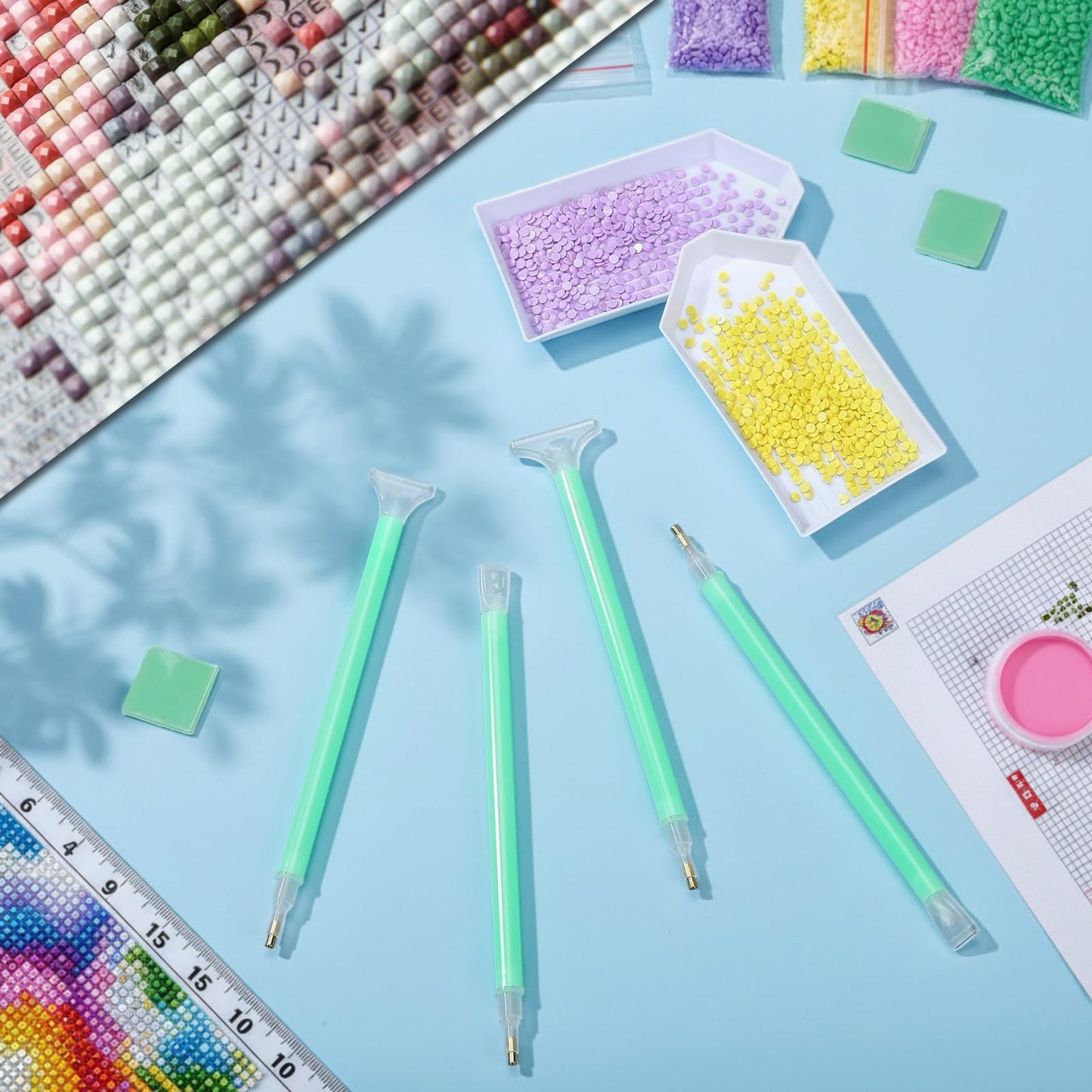 Affrolling 180 Pcs 5d Diamond Art Painting Tools and Accessories Kits Include Drill Pens with 3 Drill Sizes, Plastic Diamond Trays, Glue Clay, Rhinestone Art Painting DIY Accessories (Green)