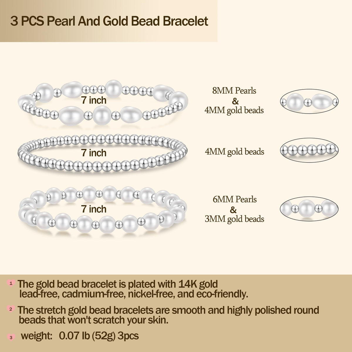 Silver Pearl Bracelets for Women Baroque Pearl Stackable Stretch Bead Ball Bracelet Jewelry Gifts （3PCS)