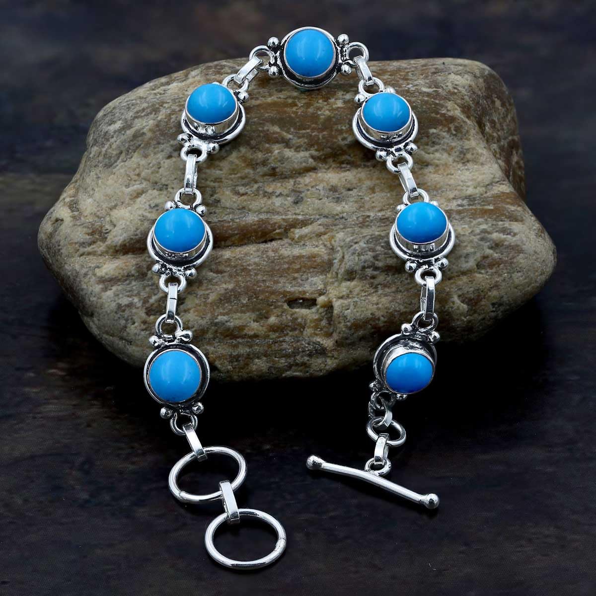 Synthetic Blue Turquoise 925 Silver Plated Adjustable Bracelet for Women - Round Gemstone Bohemian Vintage Style Handmade Link Bracelet - Gifts for Mom Wife Sister Her