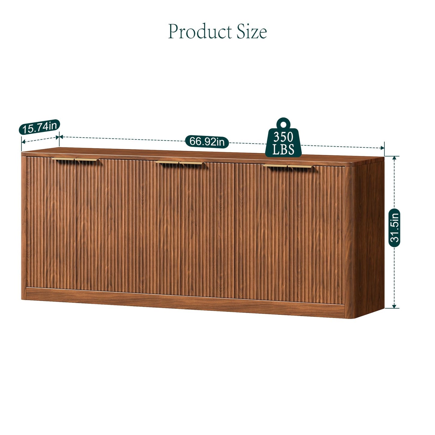 Evermagin 67" Fluted Walnut Buffet Cabinet Sideboard with Storage, Large Credenza with 6 Doors, Wood Mid Century Modern Sideboard for Kitchen and Living Room (67" W*31.5" H*15.7" D)