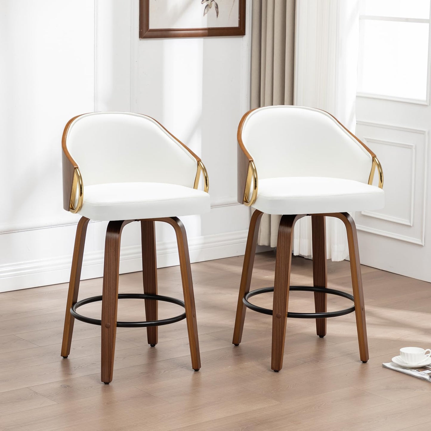 YOUUGIOR 30" Swivel Bar Height Bar Stools Set of 2,White Leather Tall Barstools Mid Century Modern Bar Chairs with Wood Legs and Golden Arms for Kitchen Dining Pub Cafe