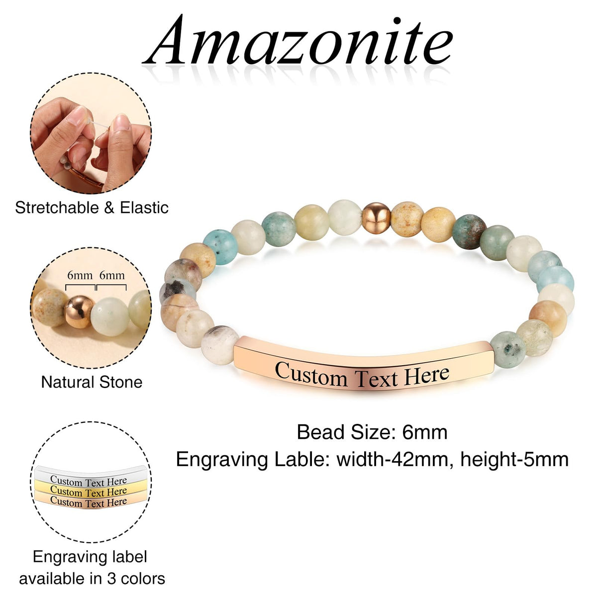 INBLUE Personalized Beaded Bracelets for Women with Engraved Name Natural Stone Stretch Inspirational Bracelet Personalized Jewelry Gift for Mom Wife Friends - Style 01