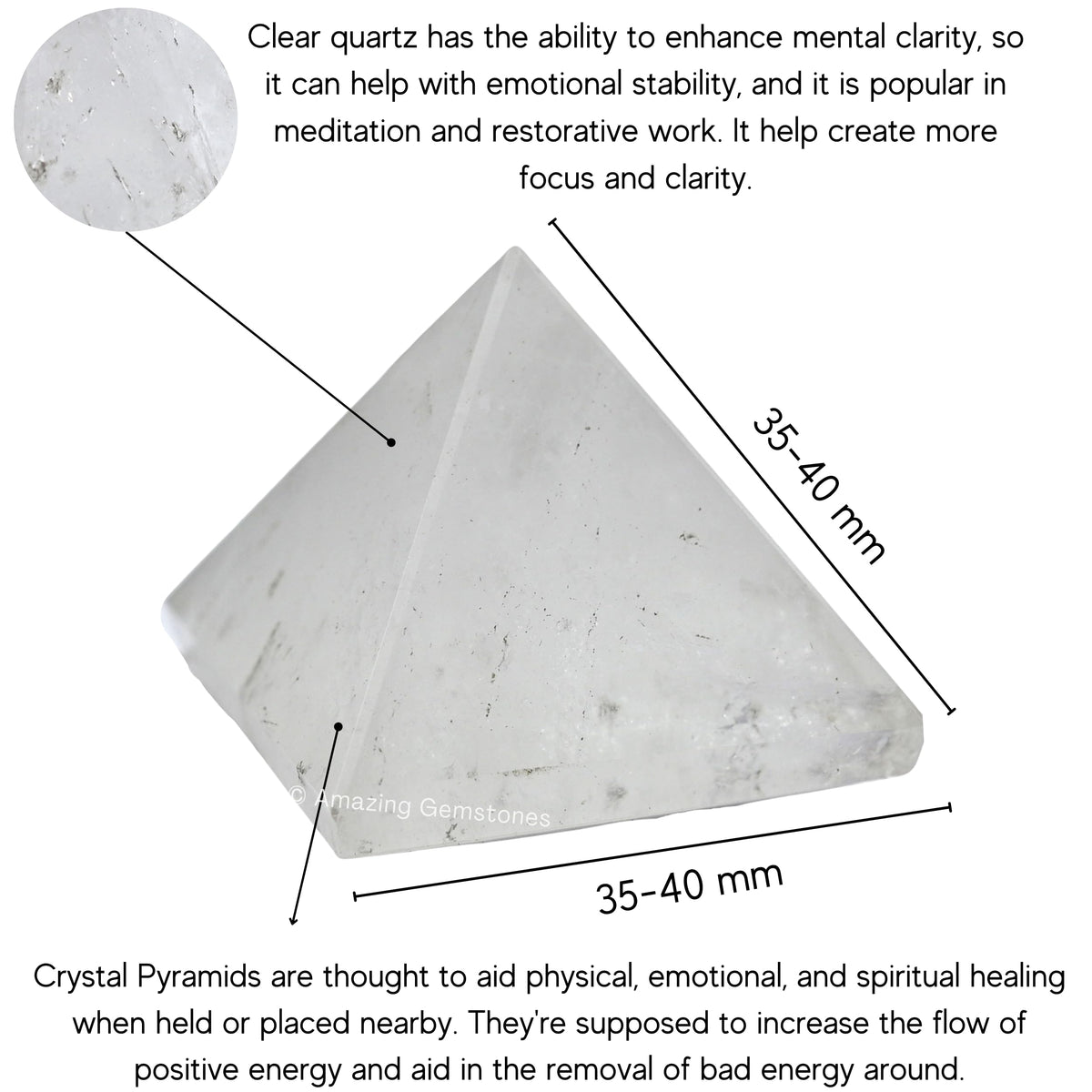 Amazing Gemstone Clear Quartz Pyramid Crystal Healing Stones - 1.5" Great Pyramid Figurine of Natural Stone Pyramid for Meditation, Reiki, Chakra Balancing and Crystal Pyramids Grid