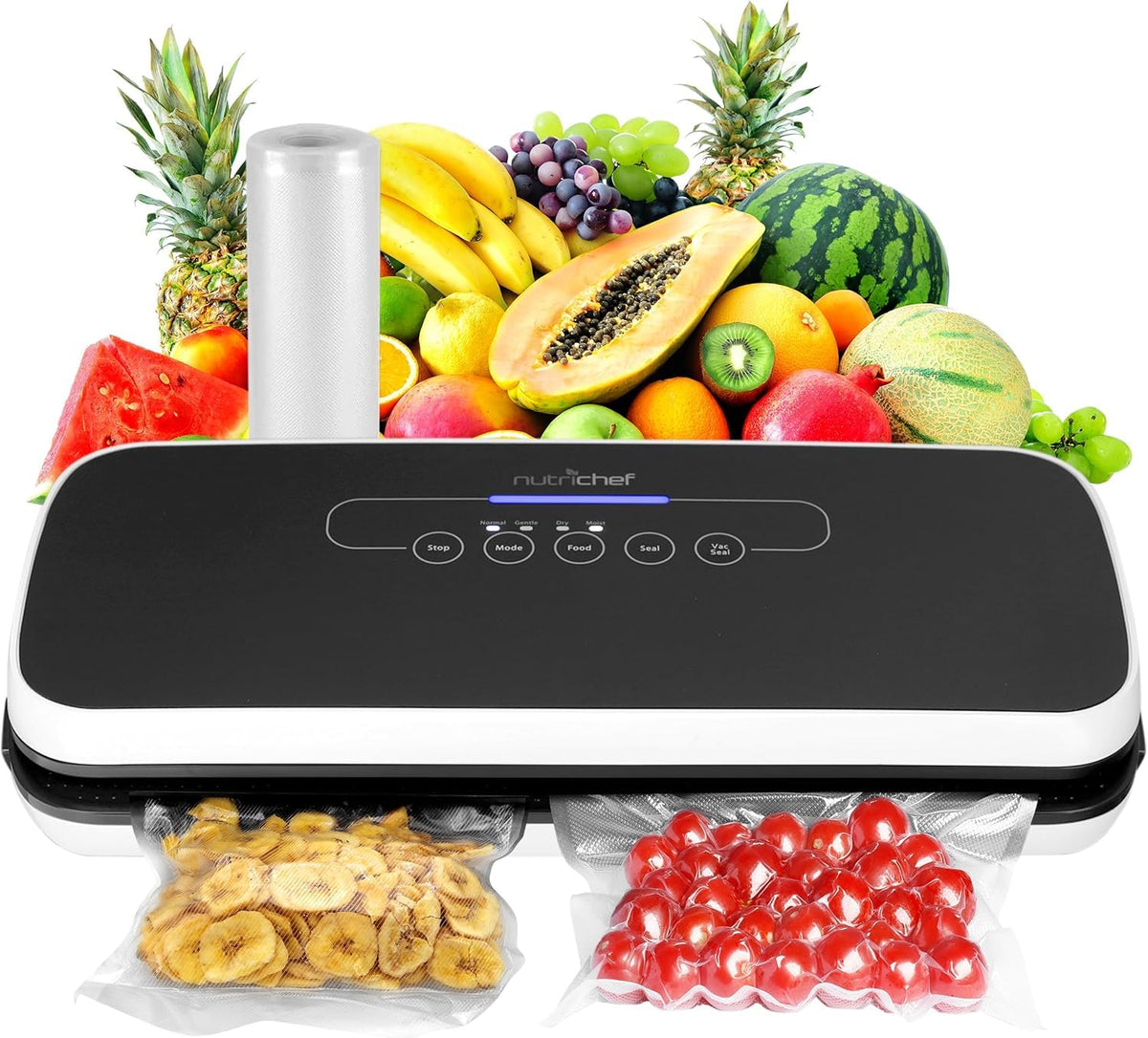 NutriChef Automatic Vacuum Air Sealing System for Food Preservation with Starter Kit, Compact Design, Lab Tested, Dry & Moist Food Modes with Led Indicator Lights, Black