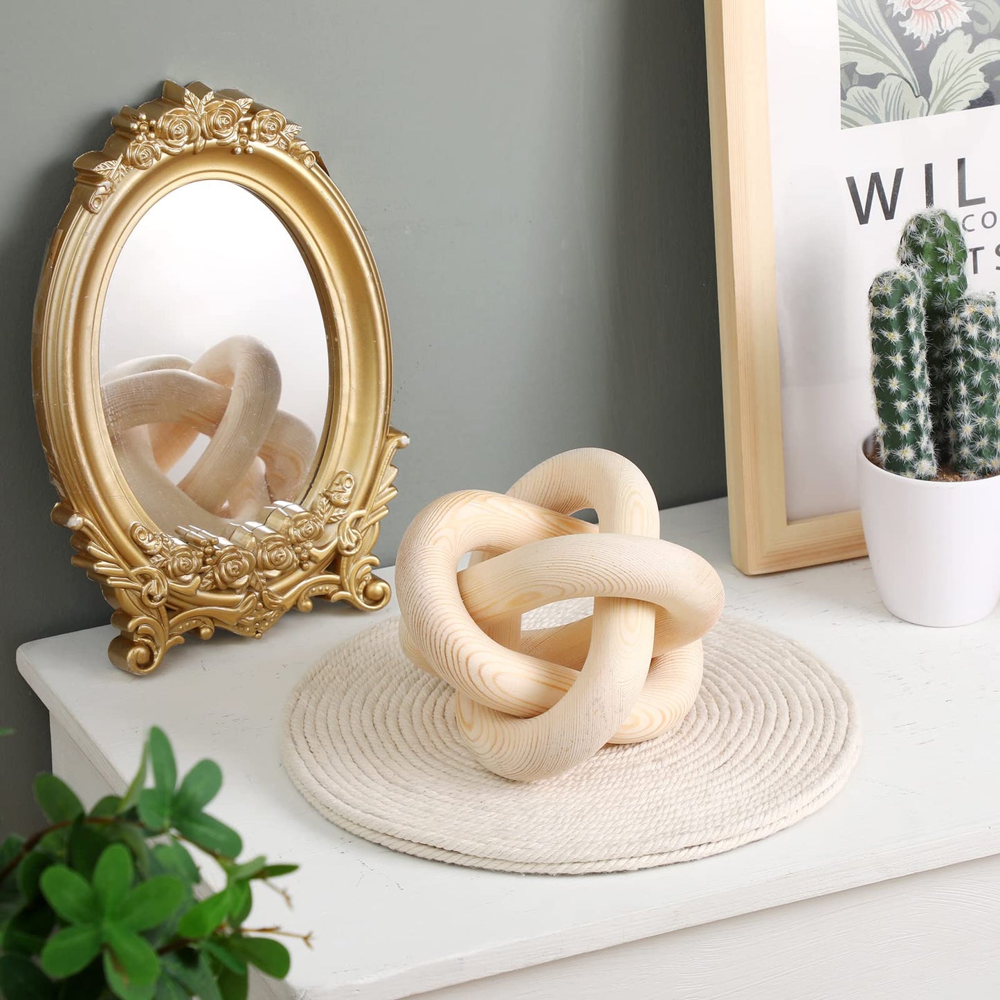 Yalikop 3 Link Wood Knot Decor Rustic Home Décor Accents Hand Carved Coffee Table Decoration, Boho Chain Link Decoration, Modern Shelf, Rustic Objects for Home Living Room Bedroom(Natural)