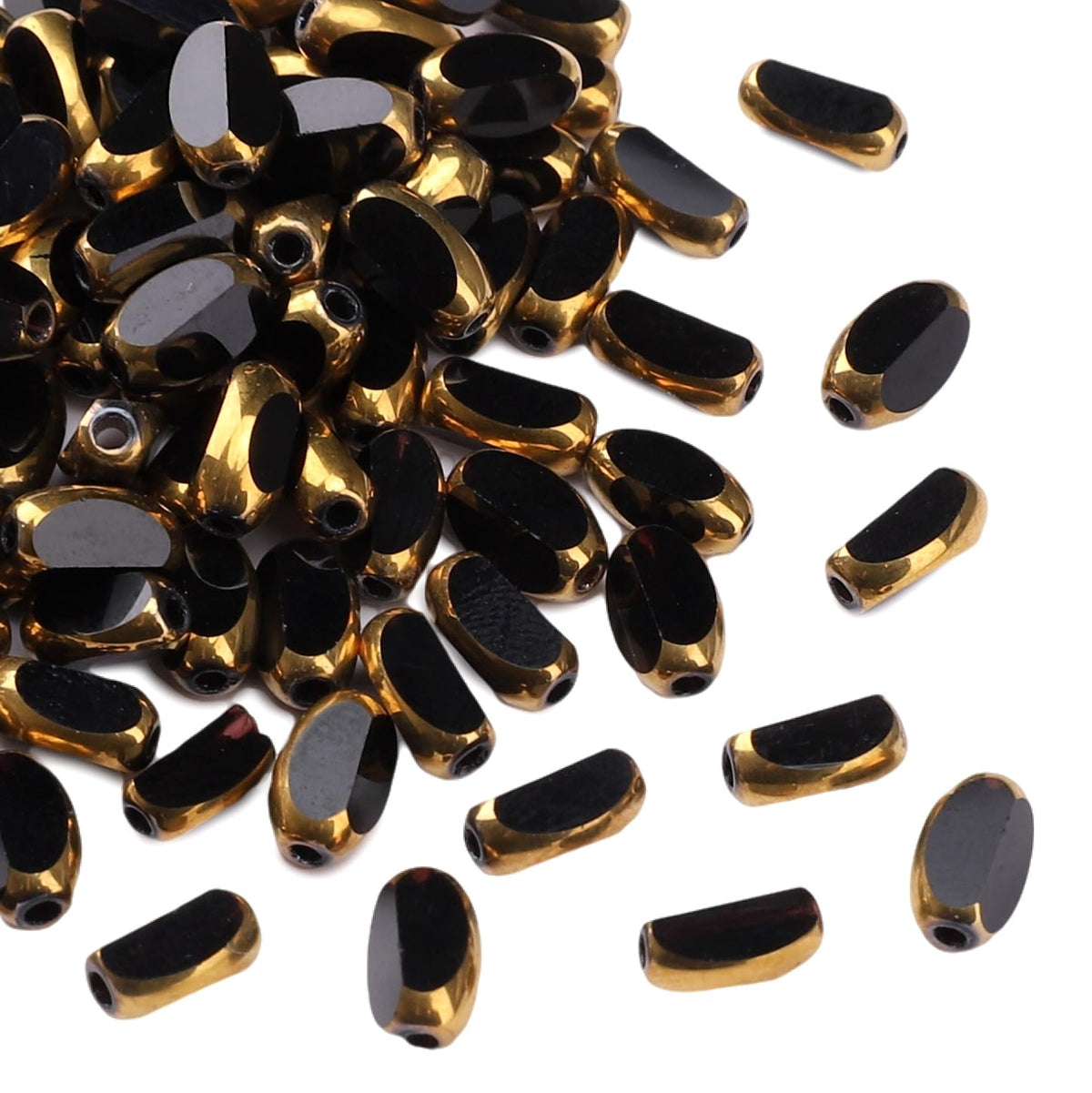 DADIFEN Glass Rice Beads Black 4x6mm 50pcs Faceted Oval Golden Edge Crystal Loose Beads for DIY Craft Jewelry Making