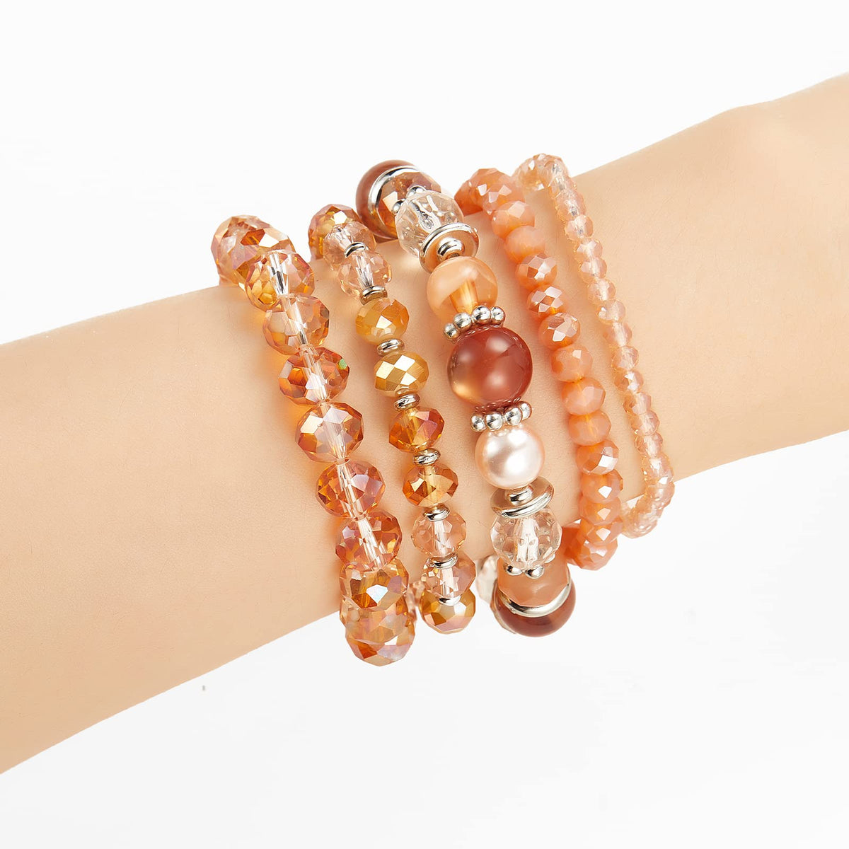 Noessla Beaded Boho Stretch Bracelet Colorful Stackable Crystal Beads Bracelets Trendy Costume Jewelry Mothers Day Gifts for Women(21-Orange)
