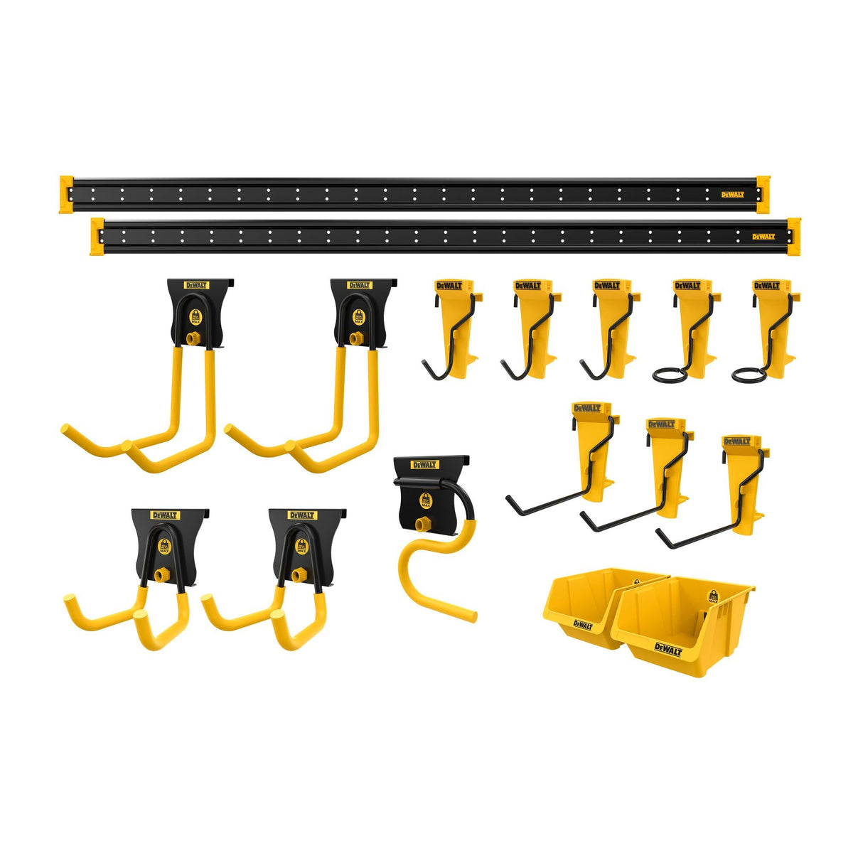 DEWALT Tool Organizer, 21 Piece Accessory Starter Kit, Includes 2 Metal Rails, 13 Hooks, and 2 Plastic Bins, DEWALT Workshop Storage System Compatible (DWST82801)