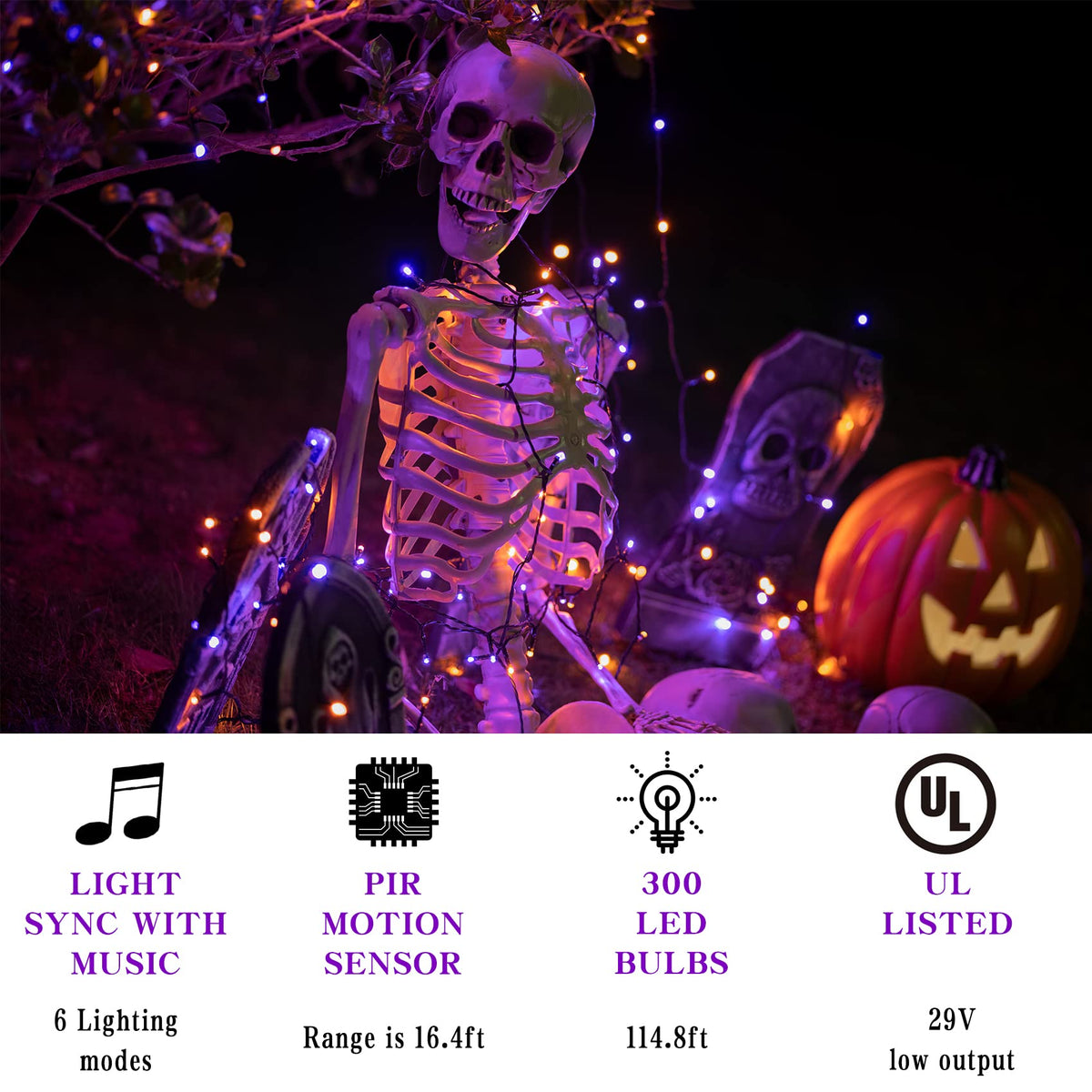 Rotu Halloween String Lights Outdoor with Music Sync Spooky Sounds 300 LED 114.8ft Indoor Fairy String Lights Waterproof Function for Halloween Party Haunted House Decorations (Purple & Orange)