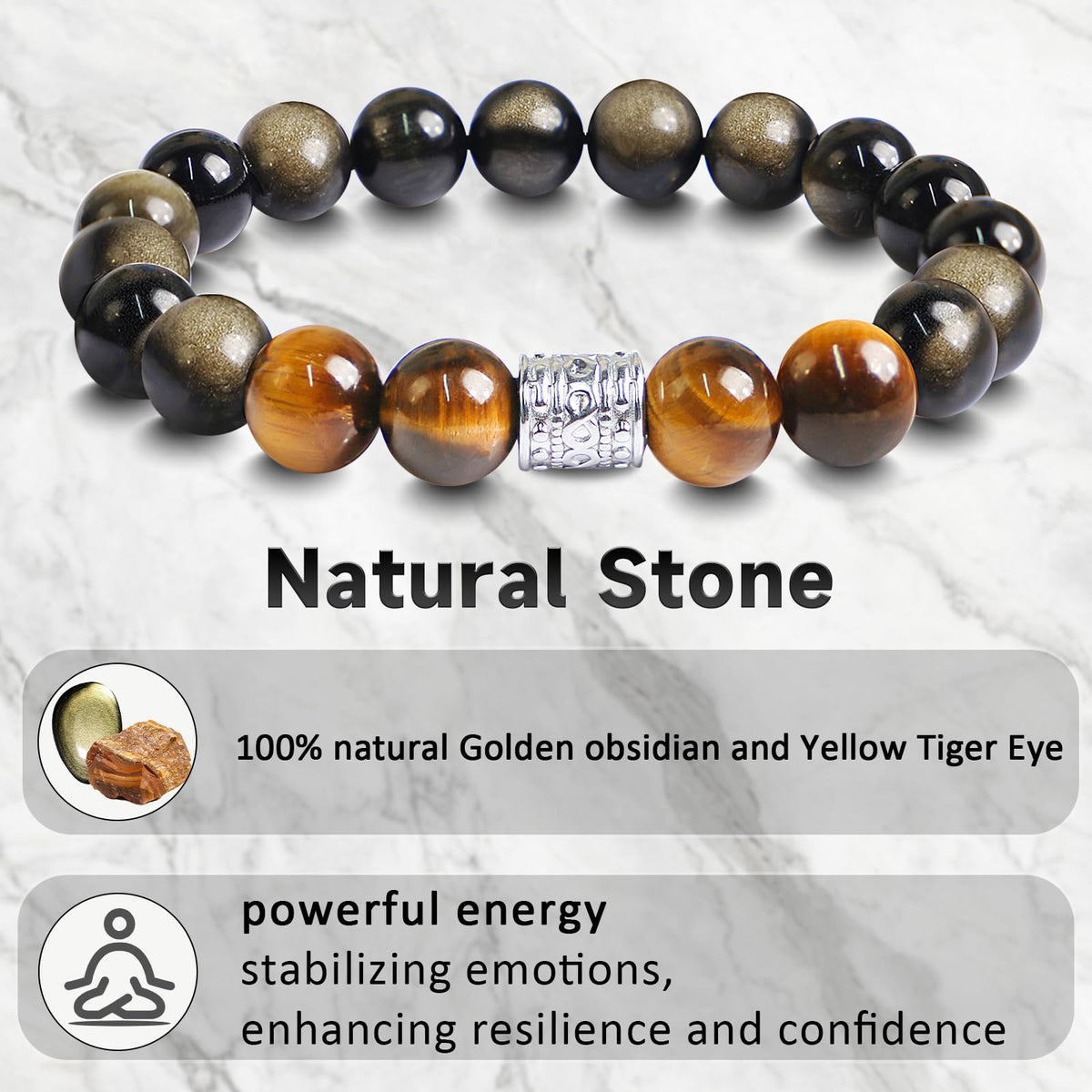 Tiger Eye Obsidian Beaded Bracelets For Men Gemstone Bracelets For Men &Women Fashion Natural Stone Men‘s Jewelry (black gold& yellow)