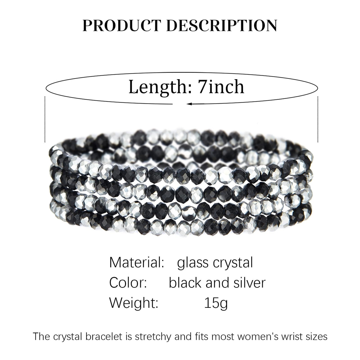 Noessla Beaded Boho Stretch Bracelet Colorful Stackable Crystal Beads Bracelets Trendy Costume Jewelry Mothers Day Gifts for Women(Black and Silver)