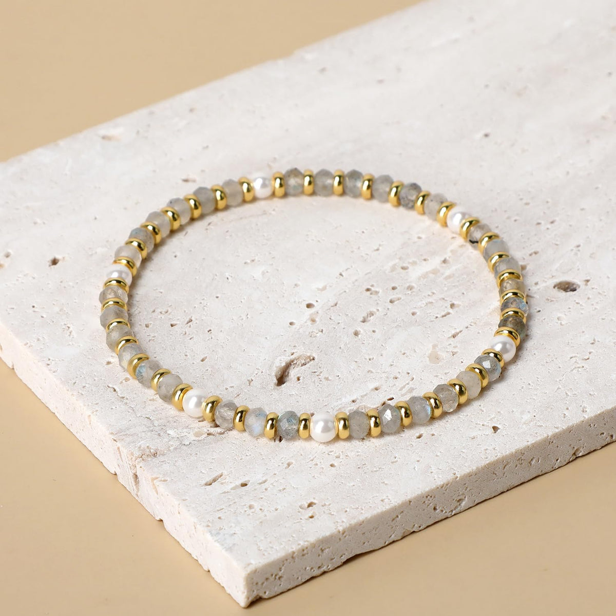 QOGIR Labradorite - Transformation - 14K Gold Plated Beads Natural Gemstone Stretch Elastic Dainty Healing Beaded Bracelets Gifts 2x4mm