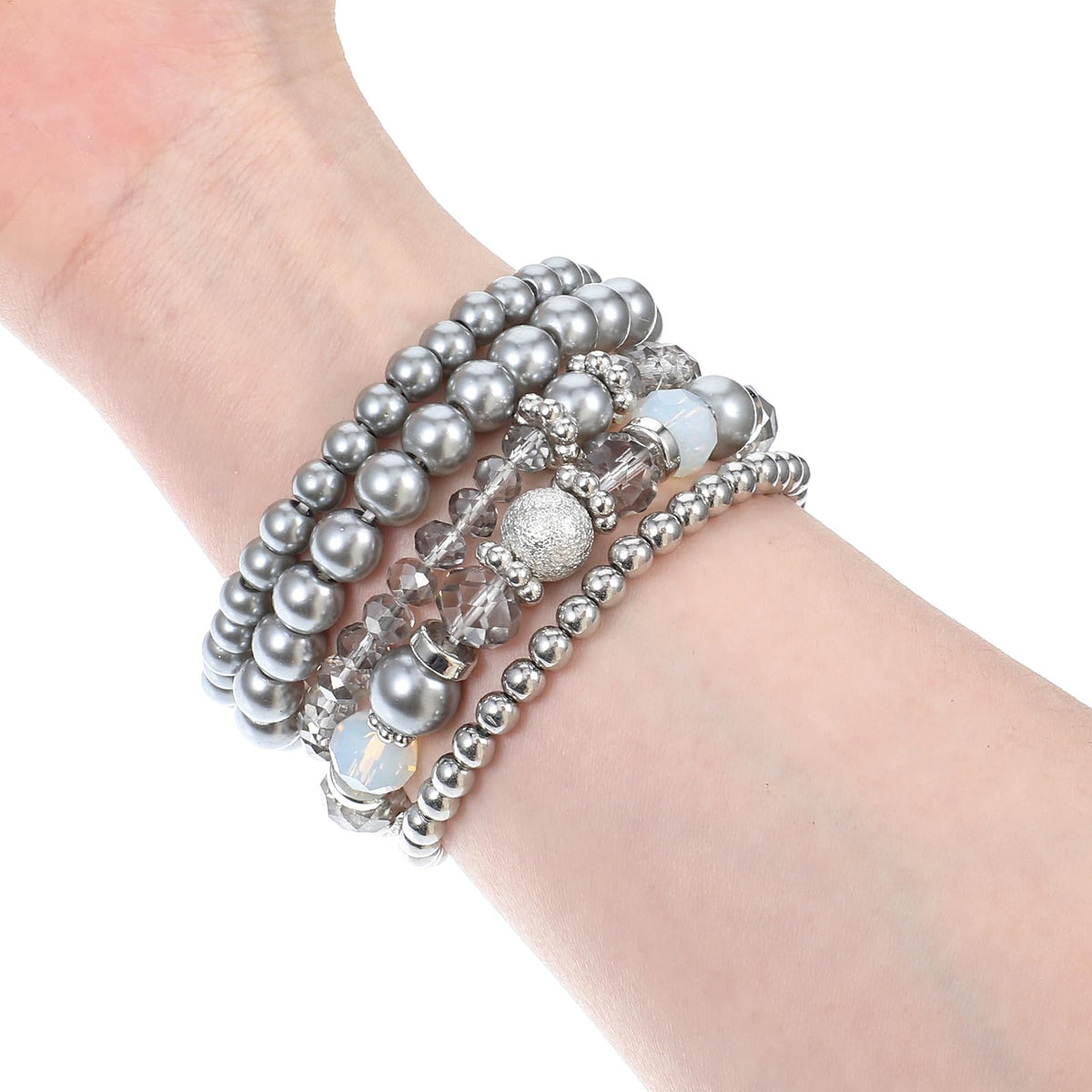 DIVINA VITAE 5 Pcs Beaded Stretch Bracelets Grey Stackable Bracelets Crystal Bead Bracelet Boho Beaded Bracelets Stretch Layering Crystal Stone Beaded Bracelets Trendy Costume Jewelry Gifts for Women
